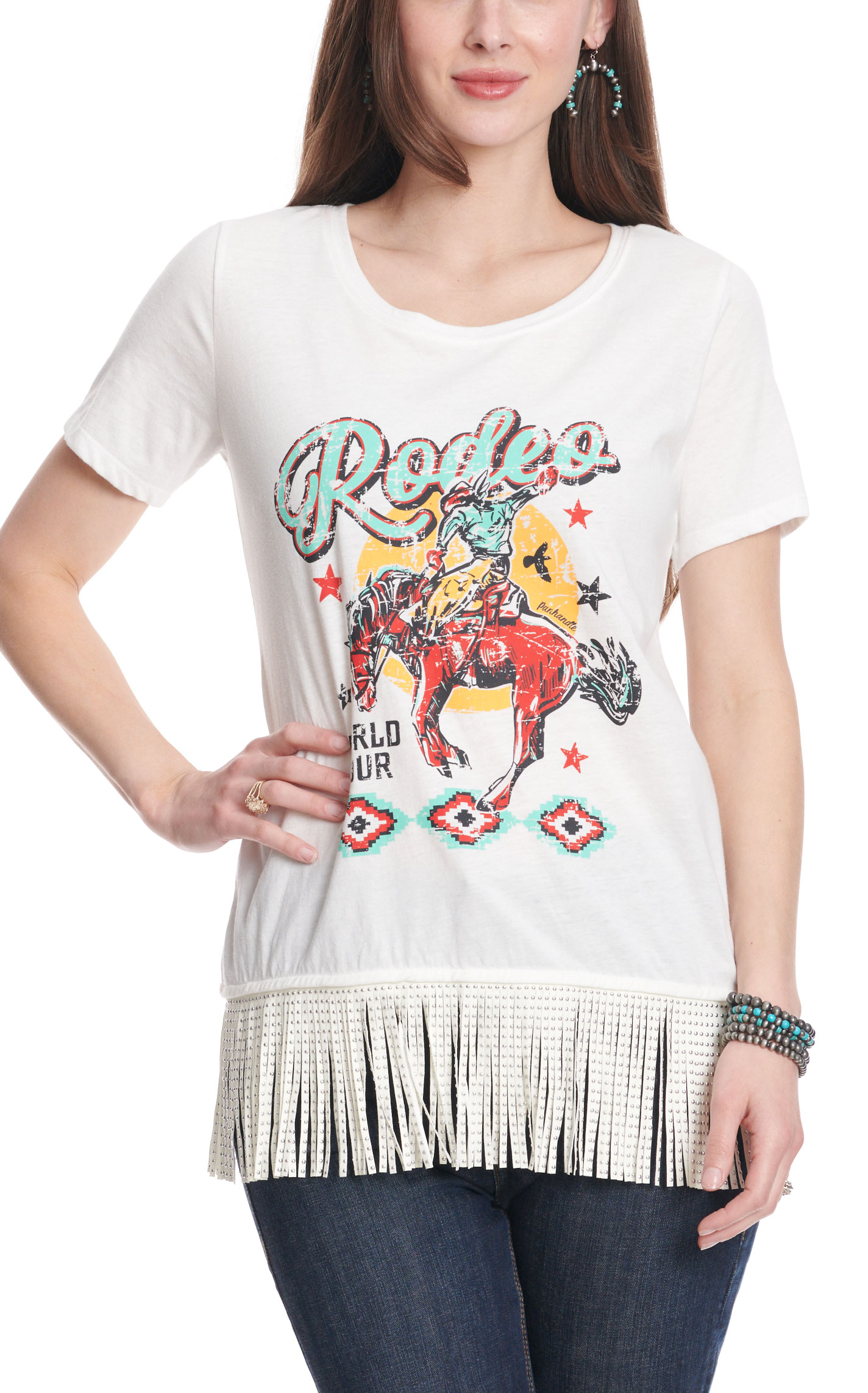 Panhandle Women's White Aztec Rodeo Studded Fringe T-Shirt - Image 1
