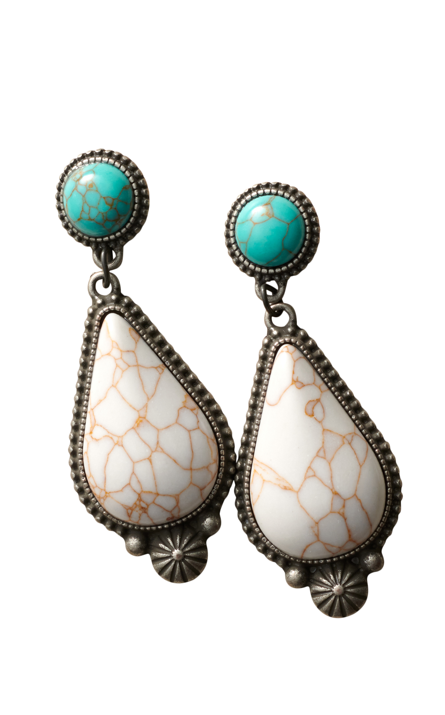 Rockin C Silver Turquoise & Cream Teardrop Stone Earrings - Image 1