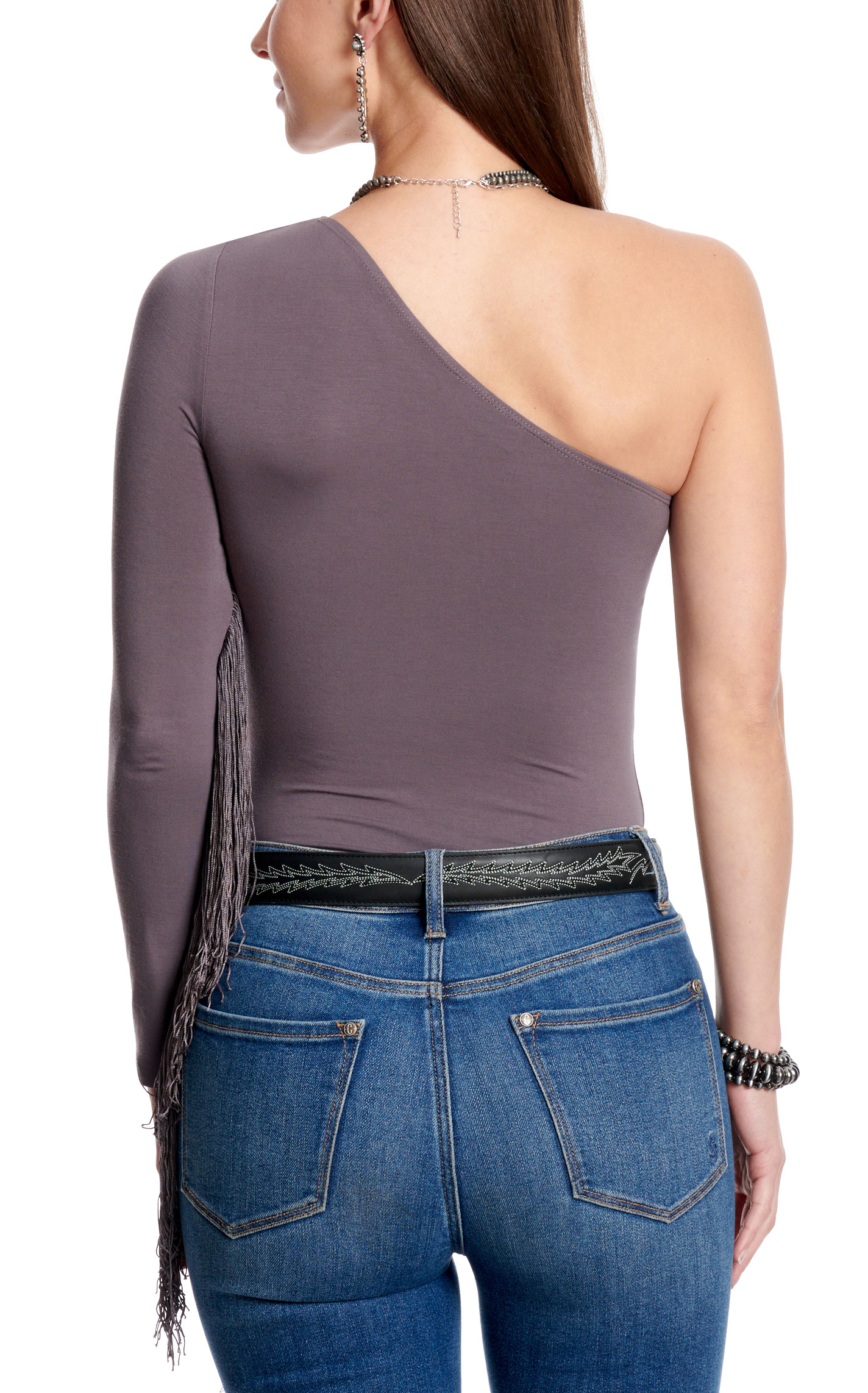 Blue B Women's Gray Fringed One Shoulder Bodysuit - Image 1
