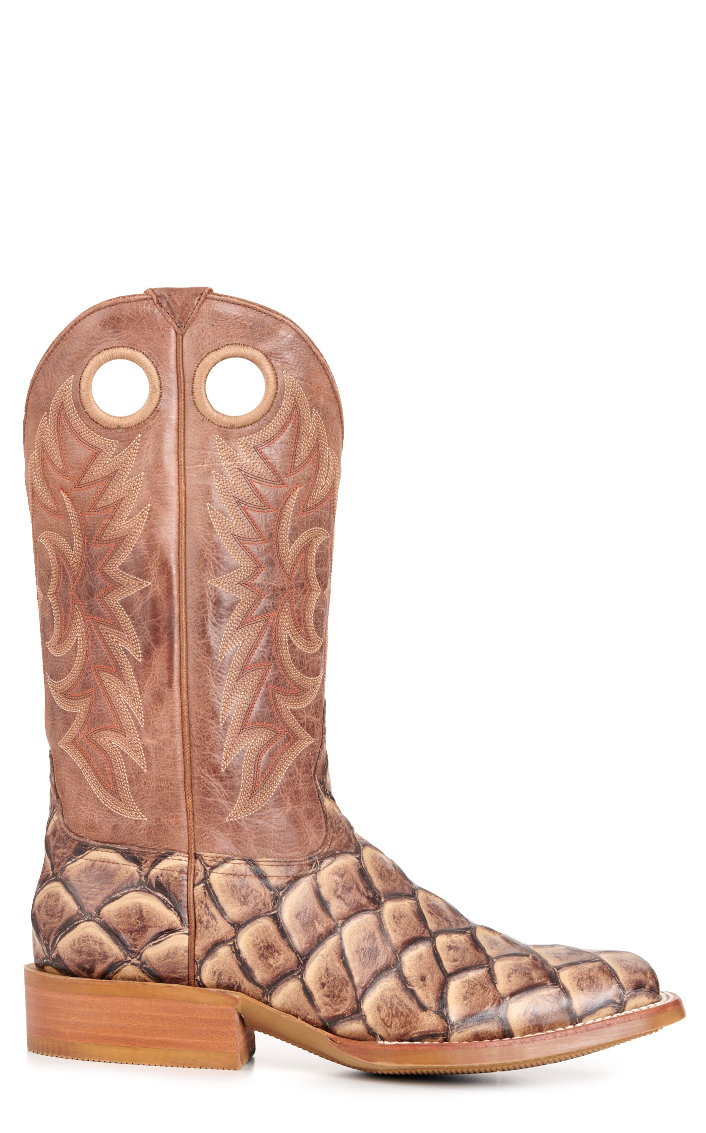 Cavender's Men's Intrepid Cognac and Sand Pirarucu Print Wide Square Toe Cowboy Boots - Image 1