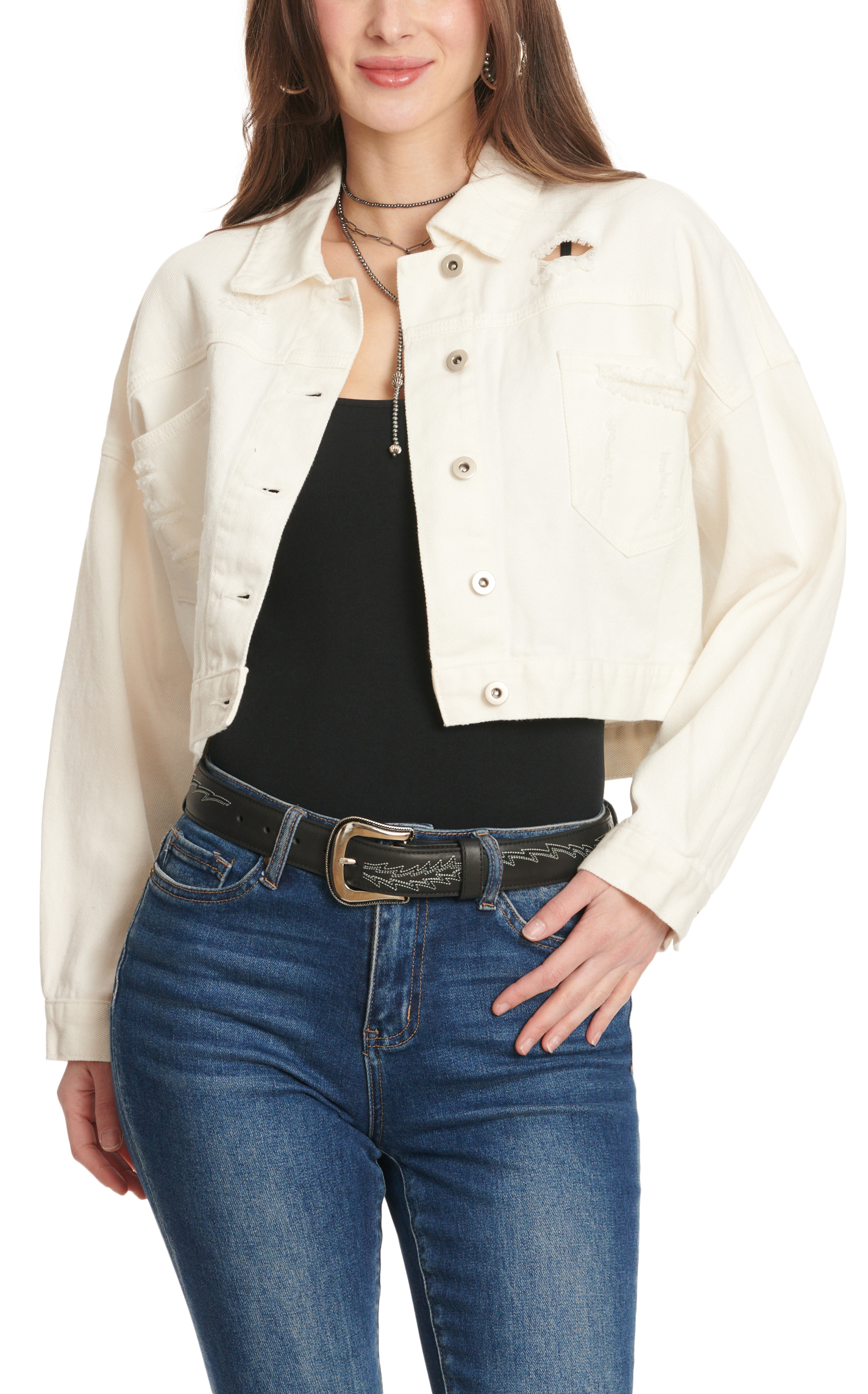 Blue B Women's White Distressed Denim & Metallic Fringe Cropped Jacket - Image 1