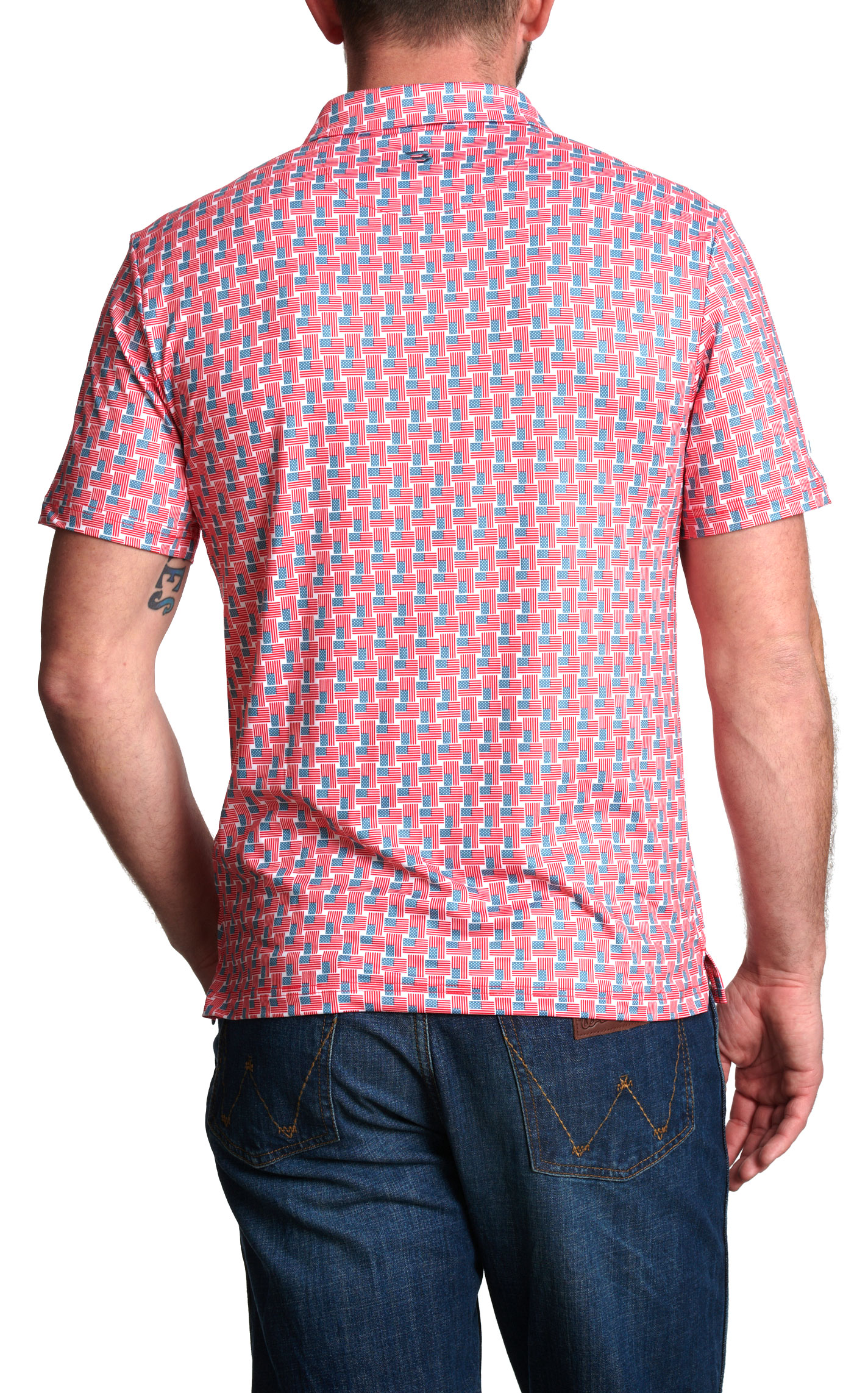 Burlebo Men's White American Flag Print Performance Polo - Image 1