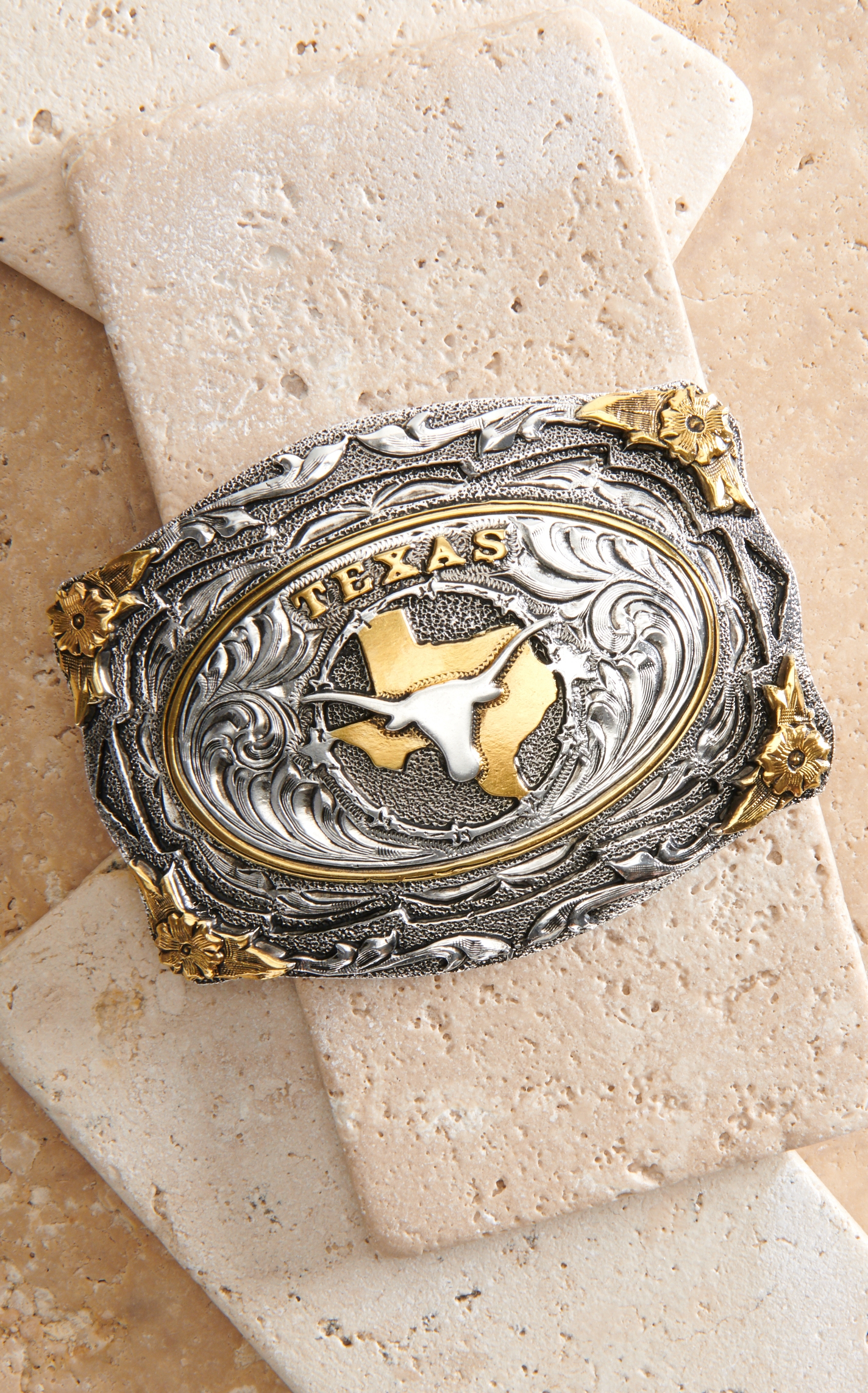 AndWest Silver and Gold Texas Longhorn with Floral Frame Belt Buckle - Image 1