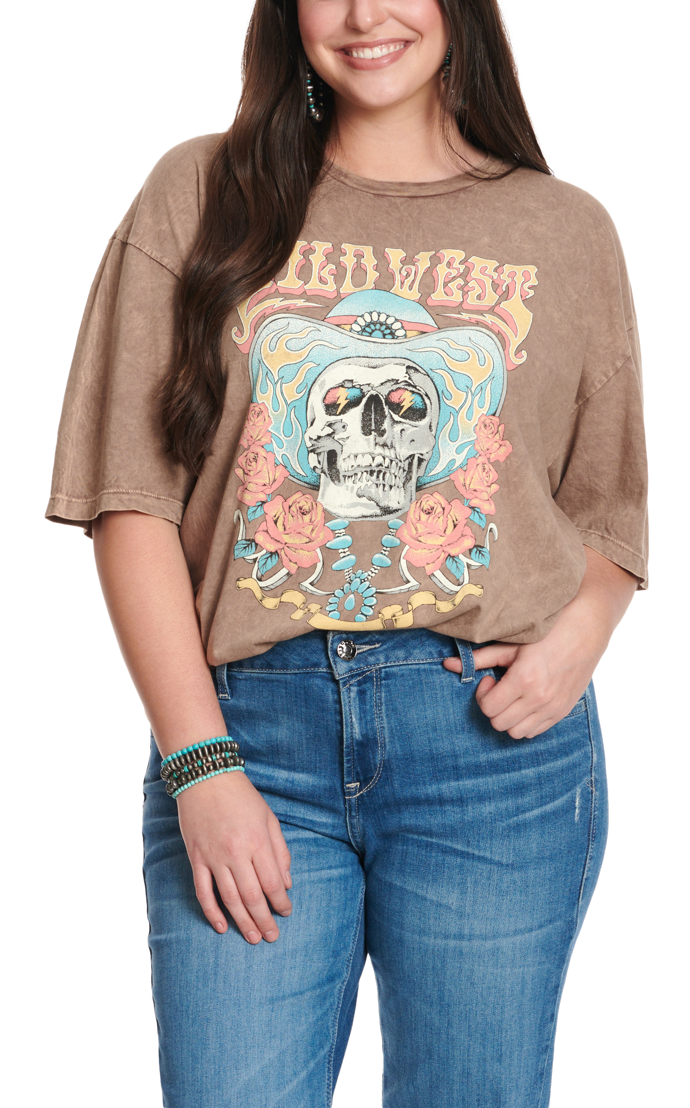 Lotus Fashion Women's Washed Mocha Wild West Skull Graphic T-Shirt - Plus Size - Image 1