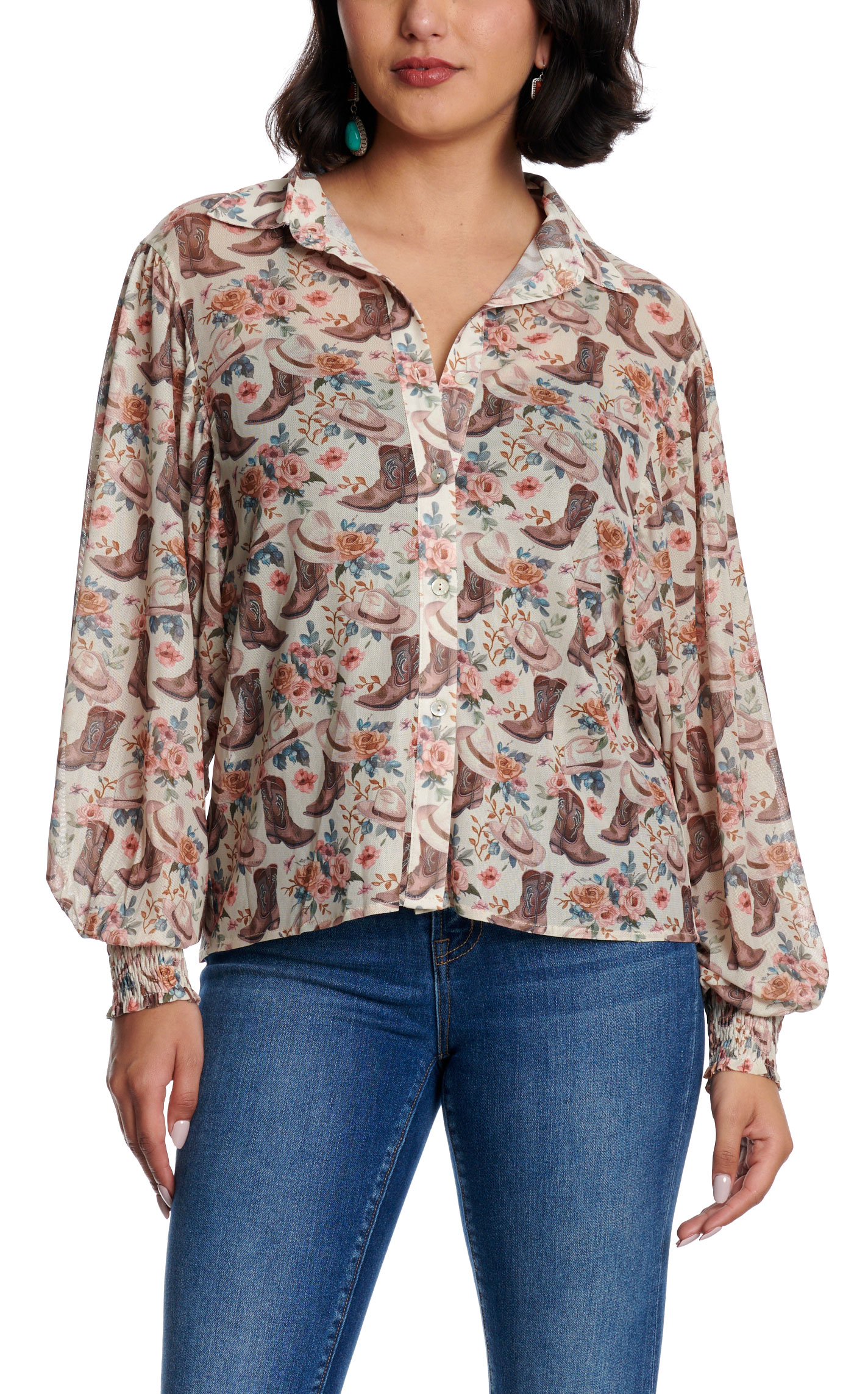 Turquoise Haven Women's White Floral Boot Print Top - Image 1
