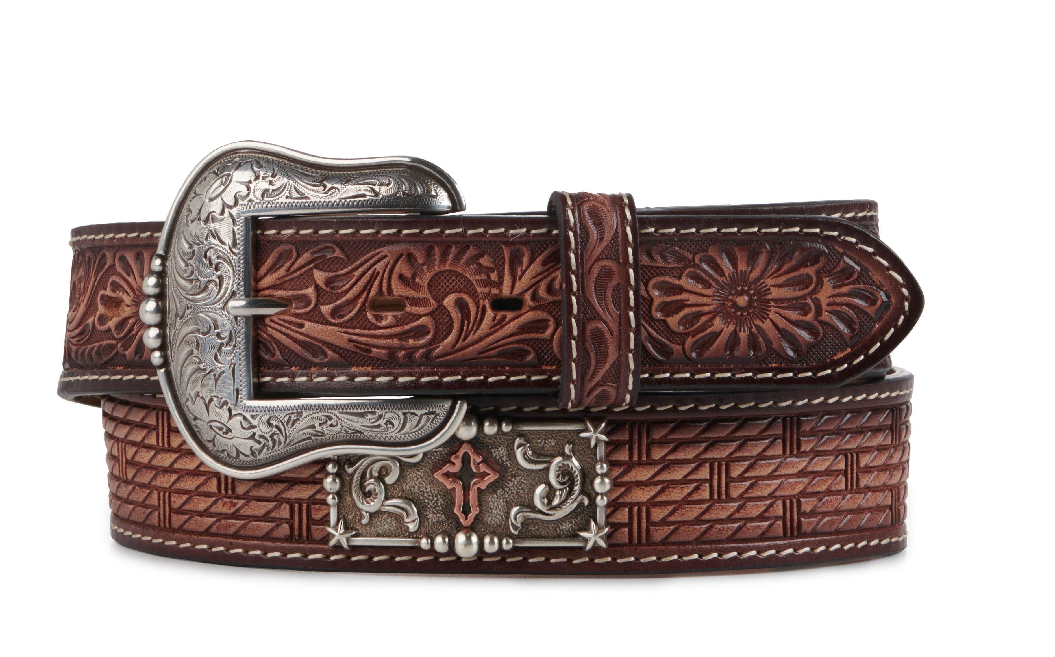 3D Belt Co Men's Brown and Tan Basketweave with Cross Conchos Western Belt - Image 1