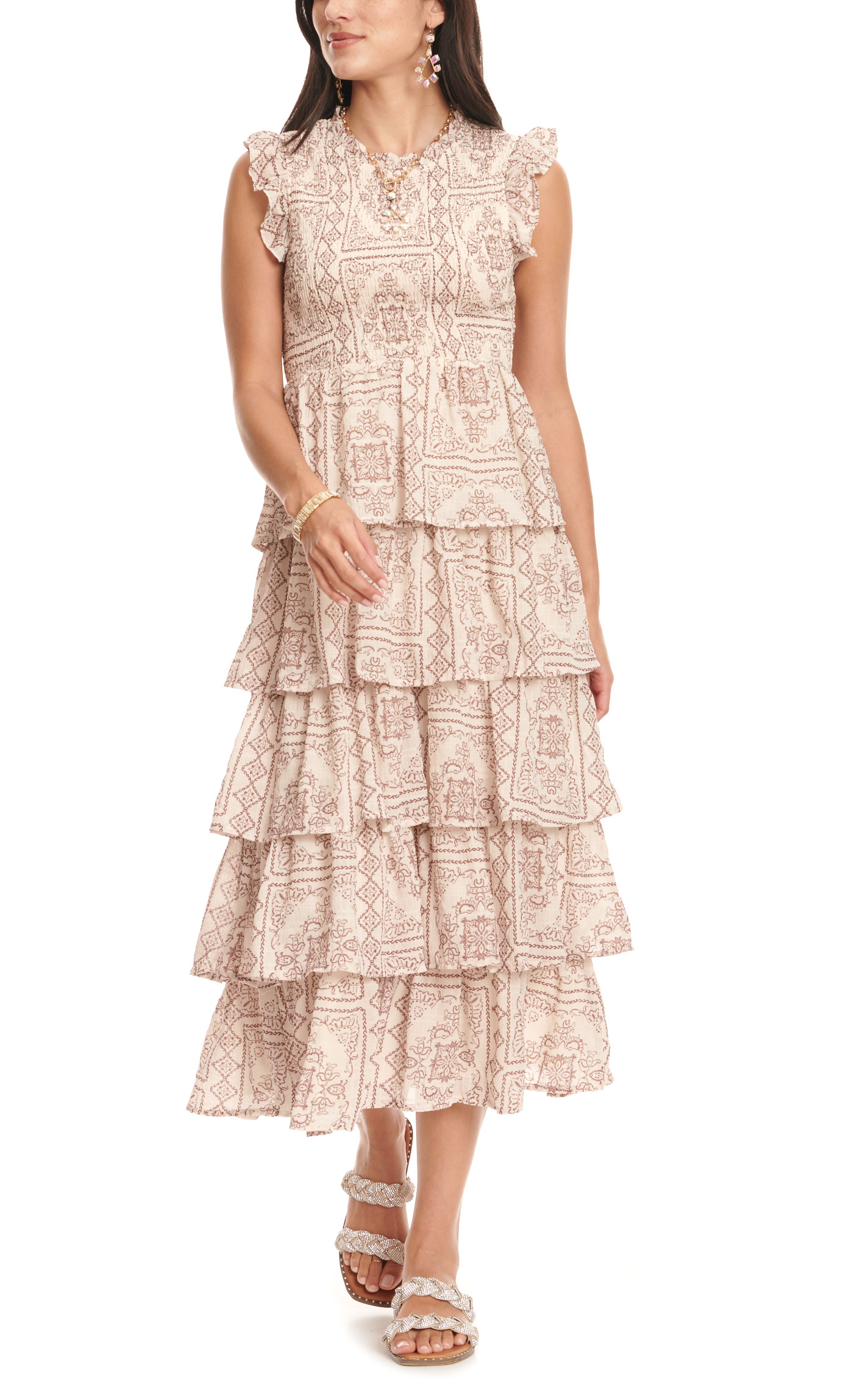 TCEC Women's Sand & Toast Picture Frame Print Smocked Ruffled Sleeveless Tiered Maxi Dress - Image 3