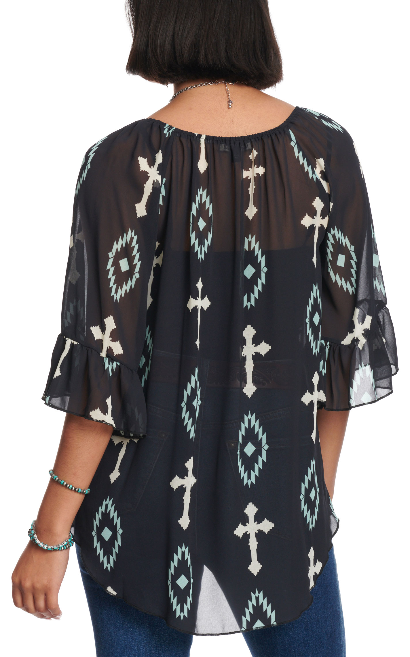 Cowgirl Hardware Women's Black & White Aztec Cross Print Chiffon Top - Image 1