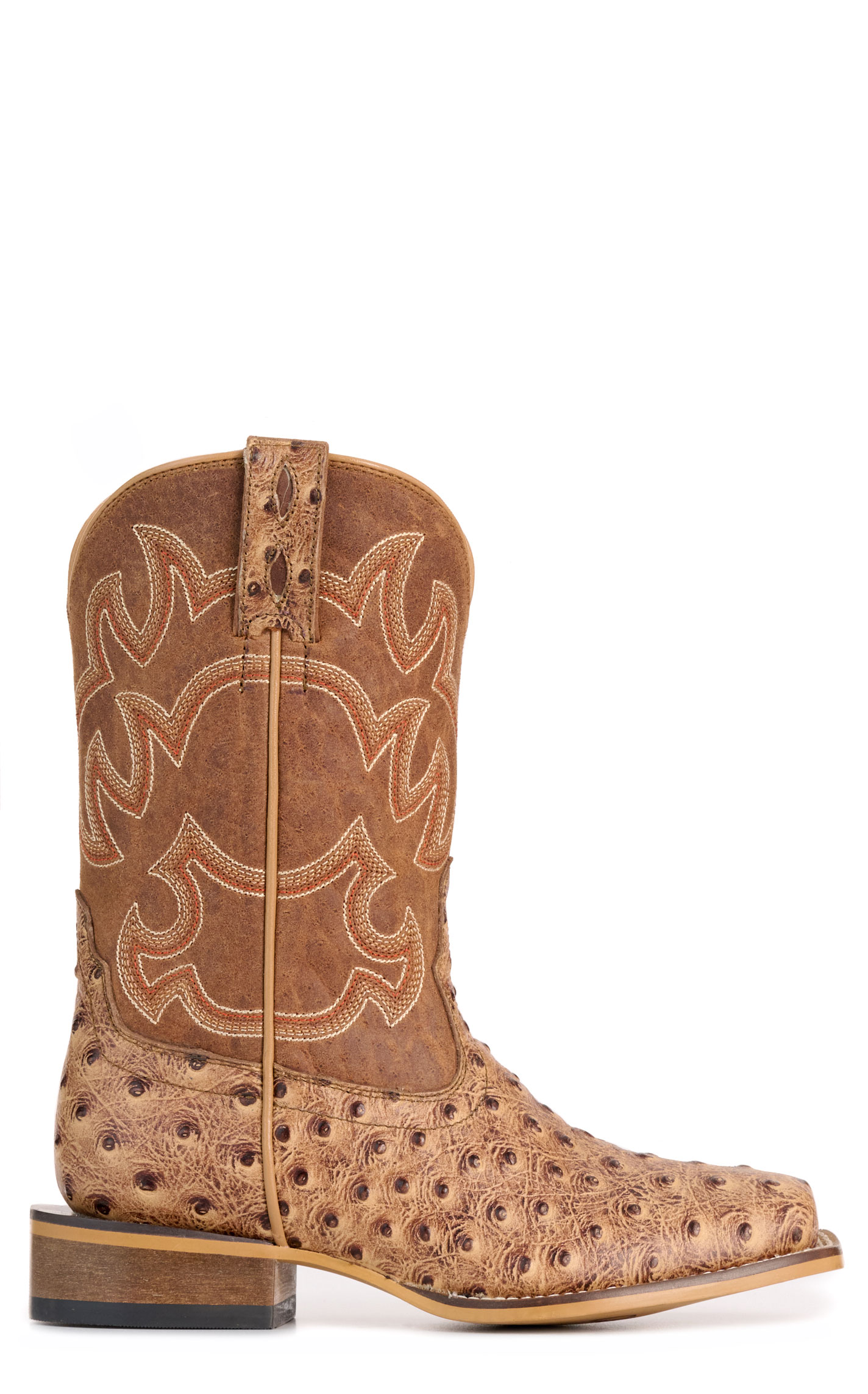 Cavender's Youth Camel Ostrich Print and Brown Wide Square Toe Cowboy Boots - Image 1