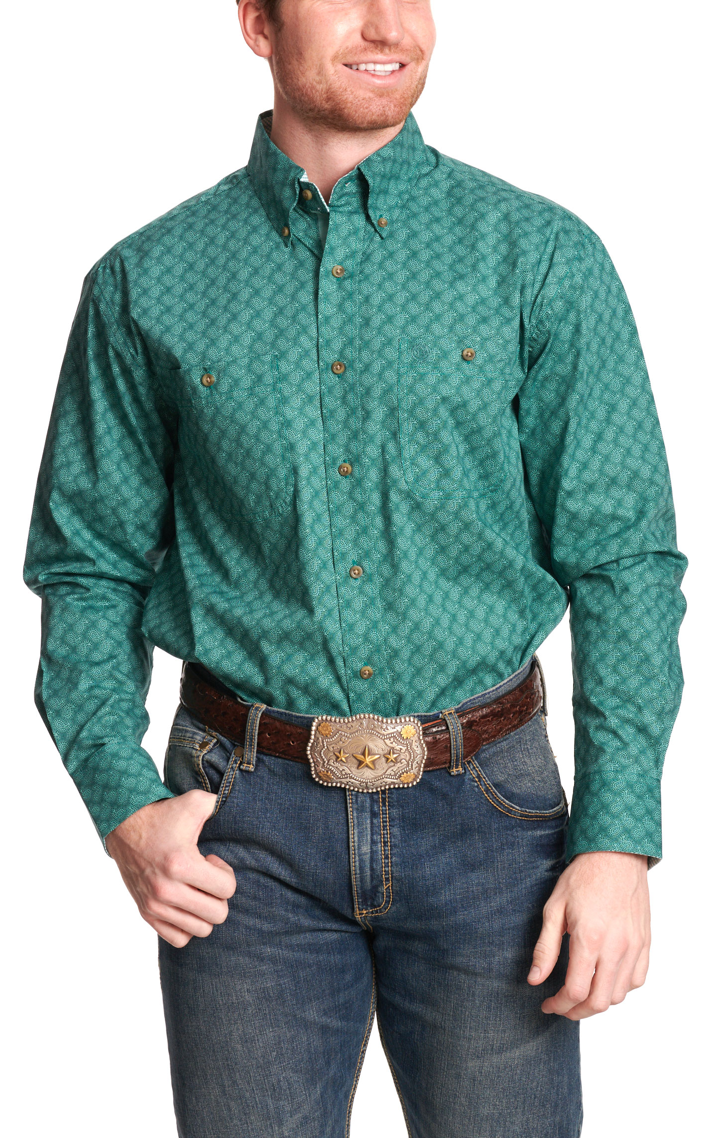 Wrangler Men's George Strait Collection Turquoise Paisley Print Western Shirt - Image 1