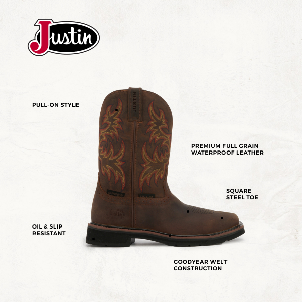 Justin Men's Stampede Driller Dark Brown Waterproof Square Steel Toe Work Boot - Image 1