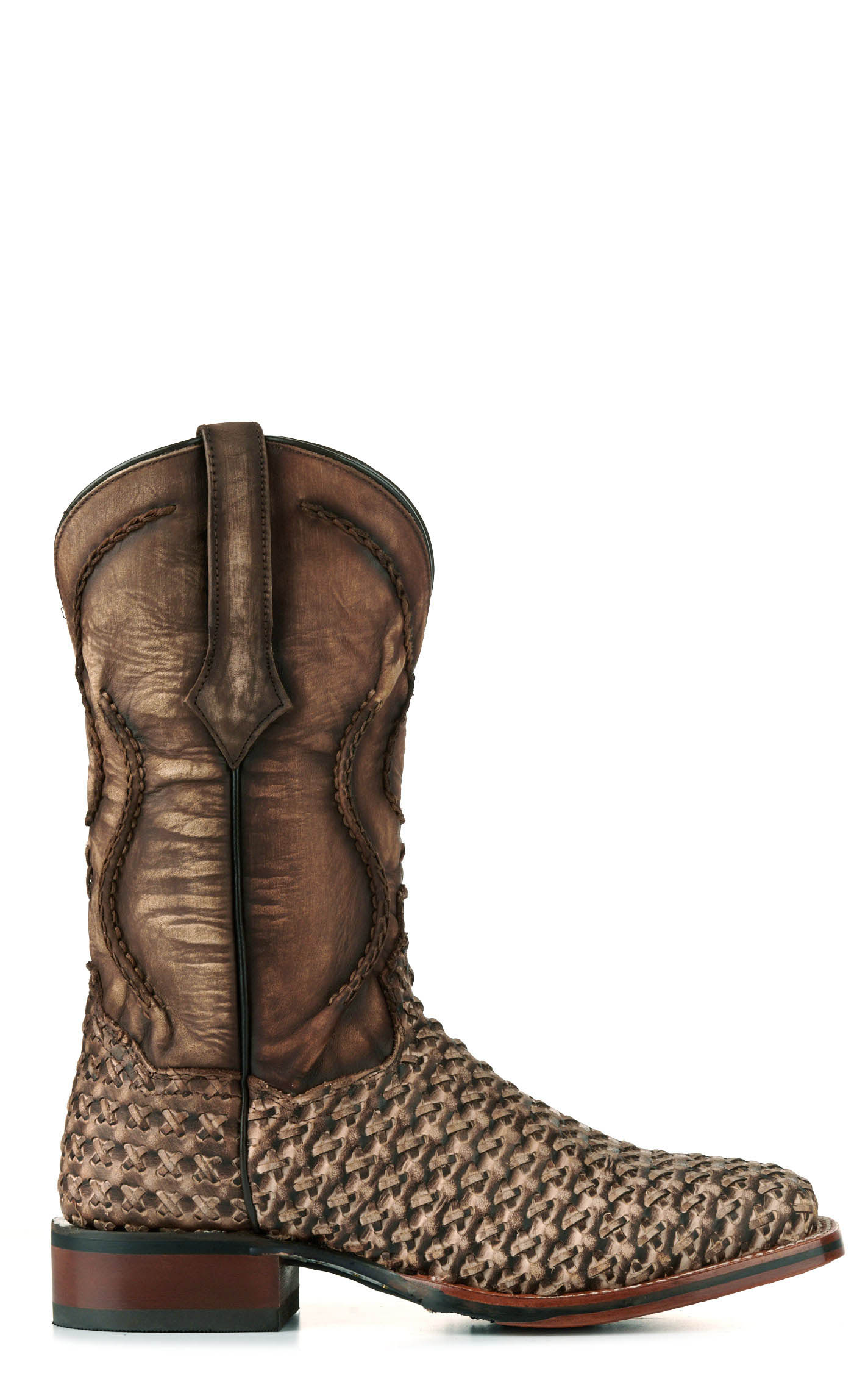 Dan Post Men's Stanley Distressed Tan Basketweave Wide Square Toe Cowboy Boots - Image 1
