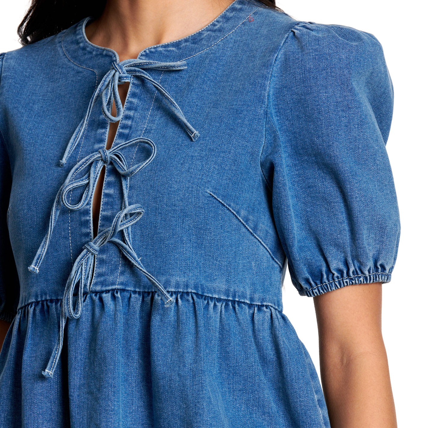 Endless Blu Women's Medium Wash Denim Puff Sleeve Tie Front Dress - Image 1