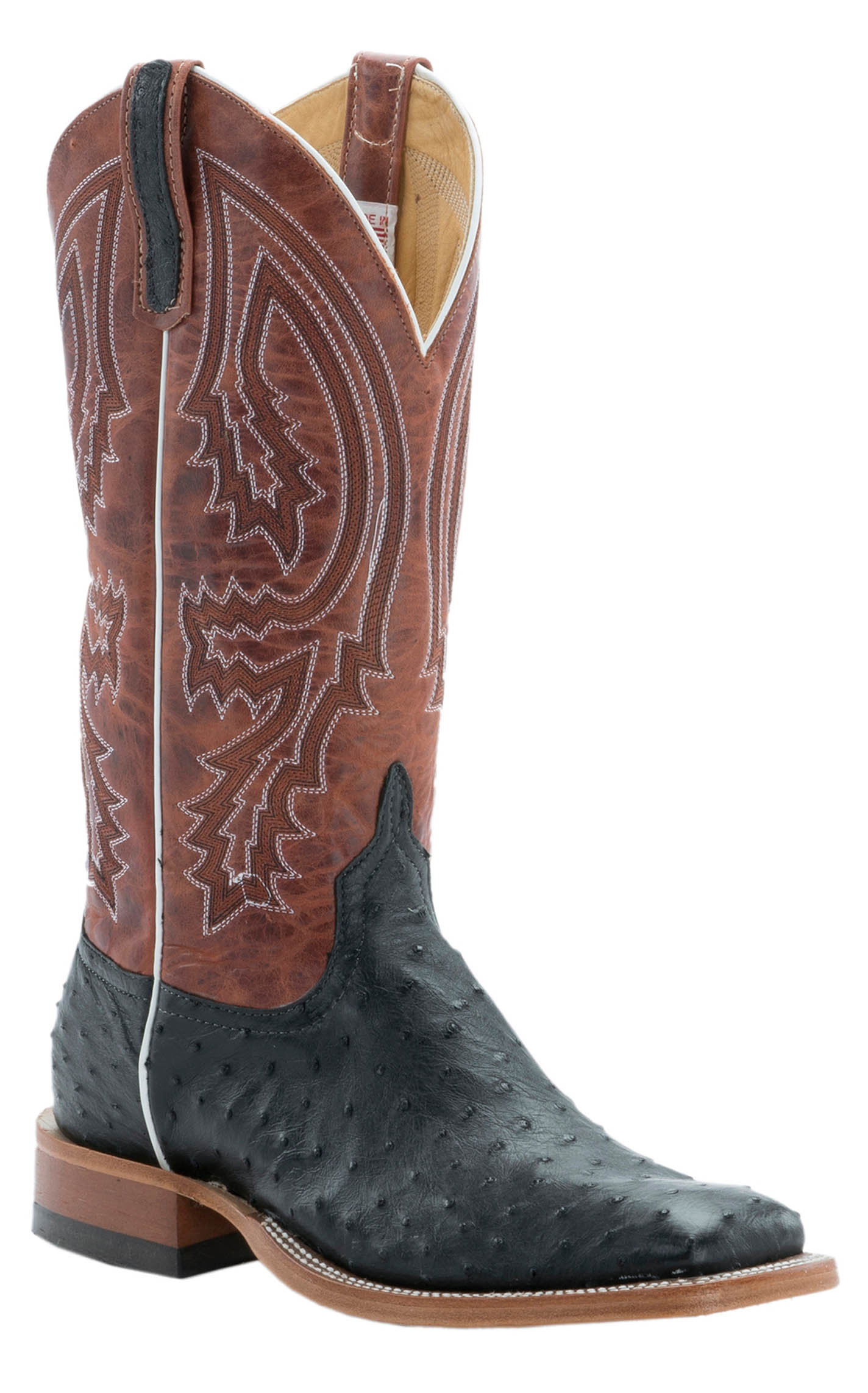 Anderson Bean Men's Black Full Quill Ostrich and Rust Lava Square Toe Exotic Cowboy Boots - Image 1