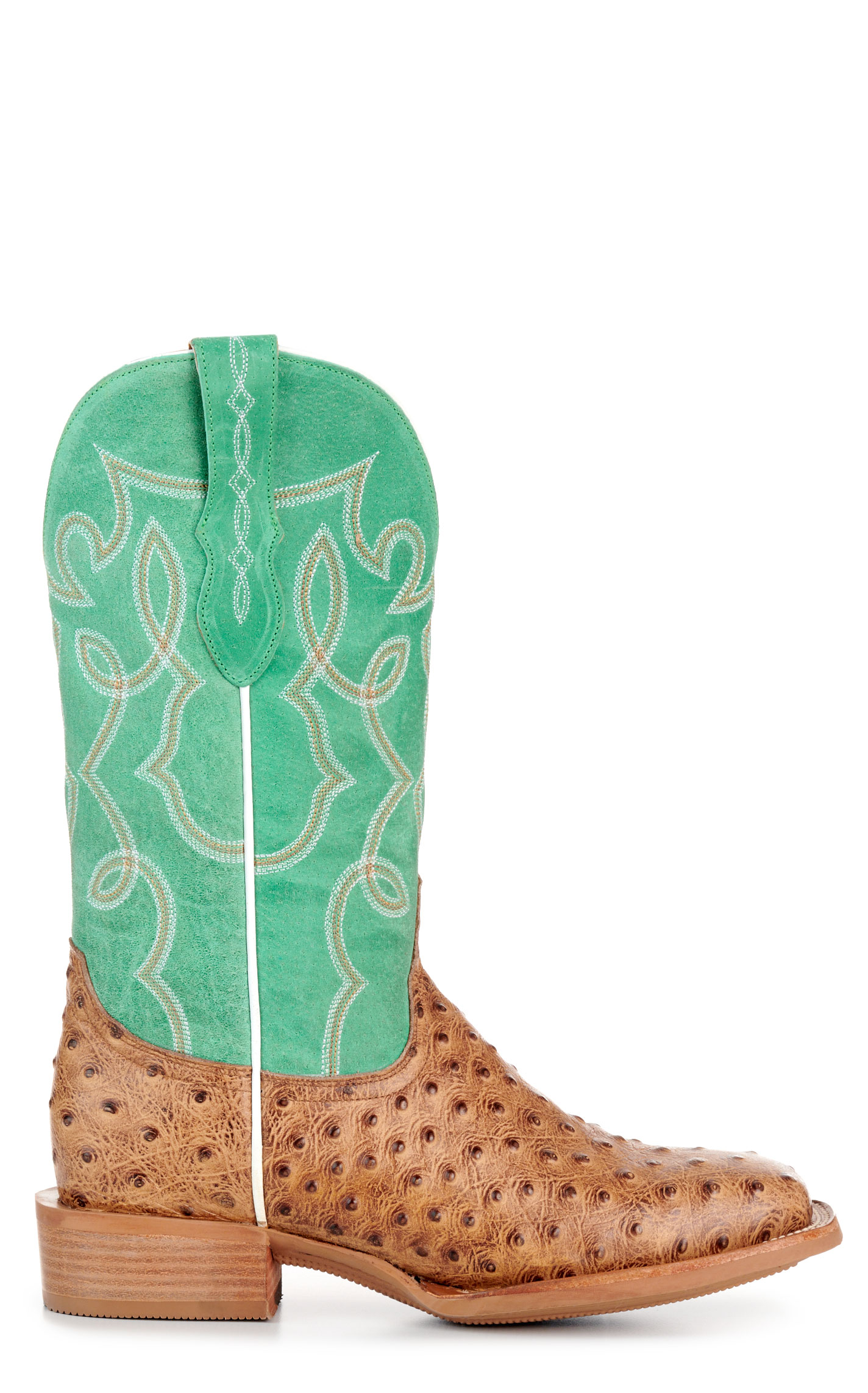 Cavender’s Women’s Intrepid Saddle Tan Ostrich Print and Green Wide Square Toe Cowboy Boots  - Image 1