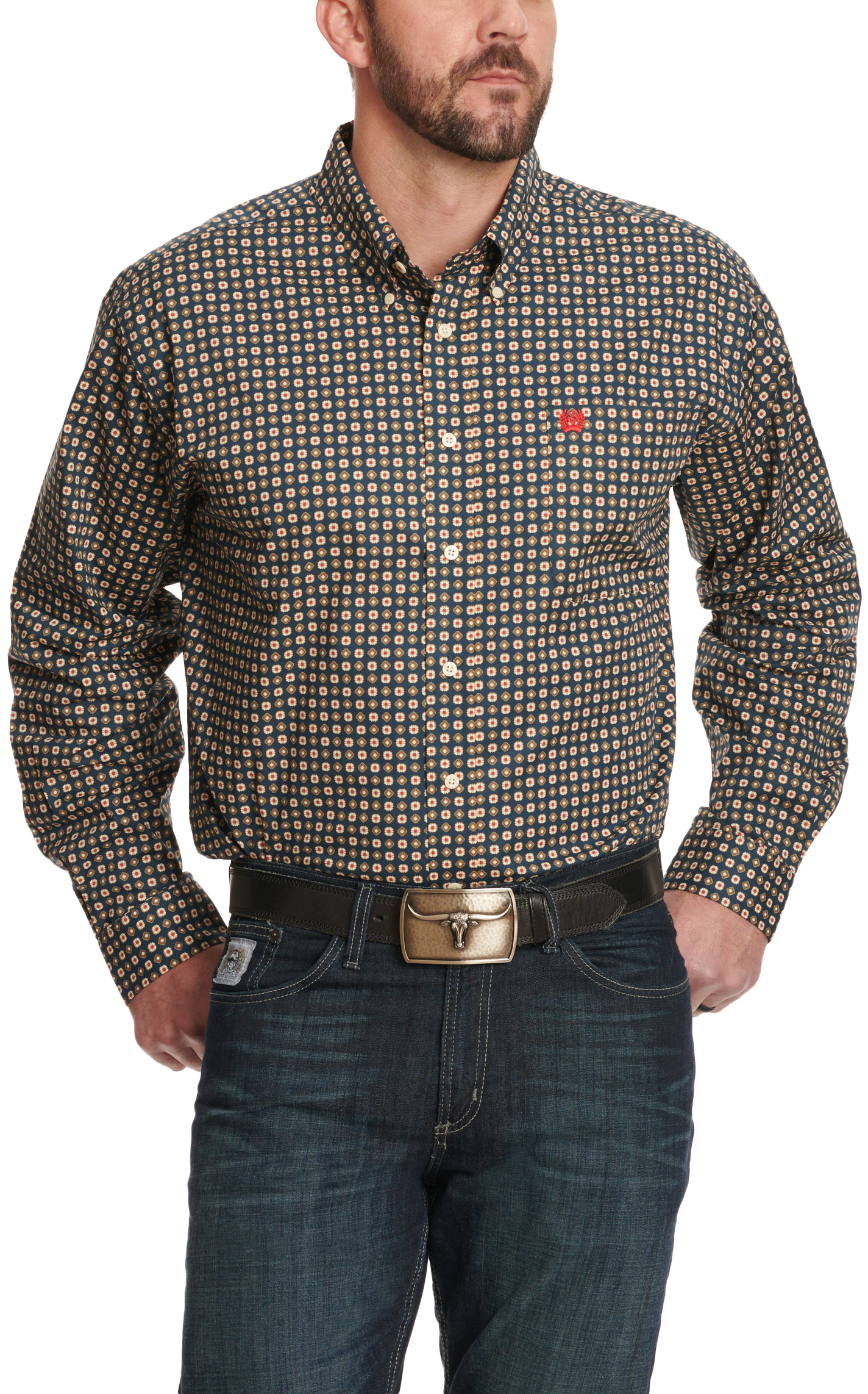 Cinch Men's Teal & Latte Floral Geo Print Western Shirt - Image 1