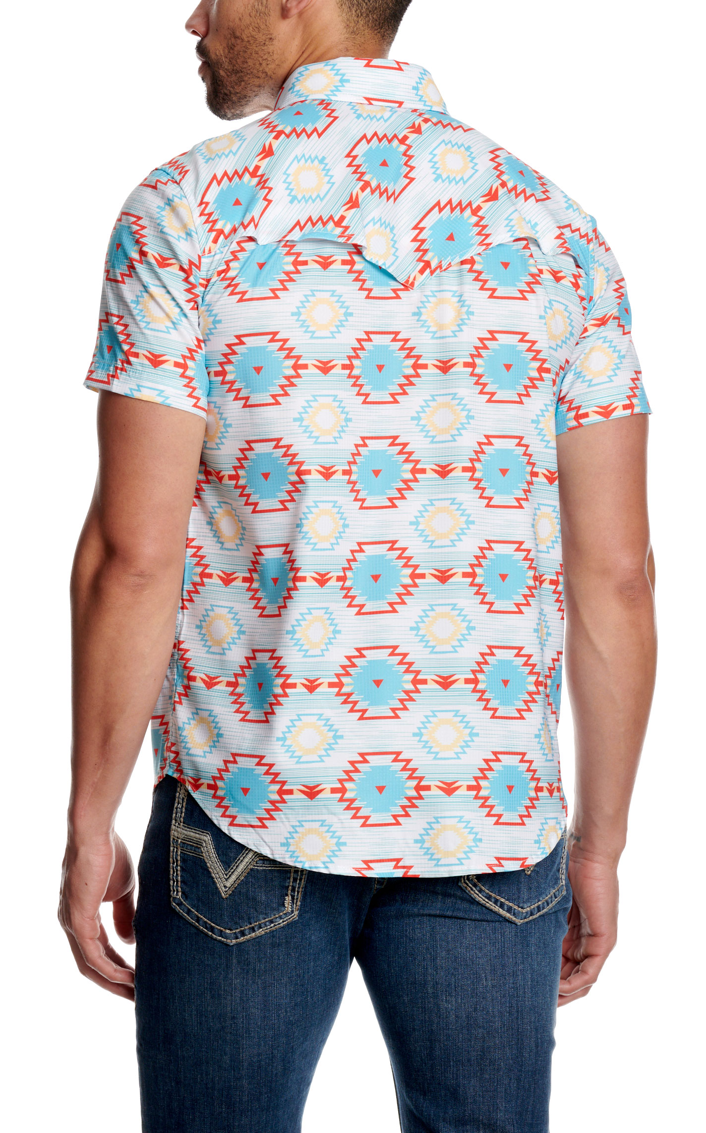 Rock & Roll Denim Men's Turquoise & Red Aztec Print TEK Western Shirt - Image 1