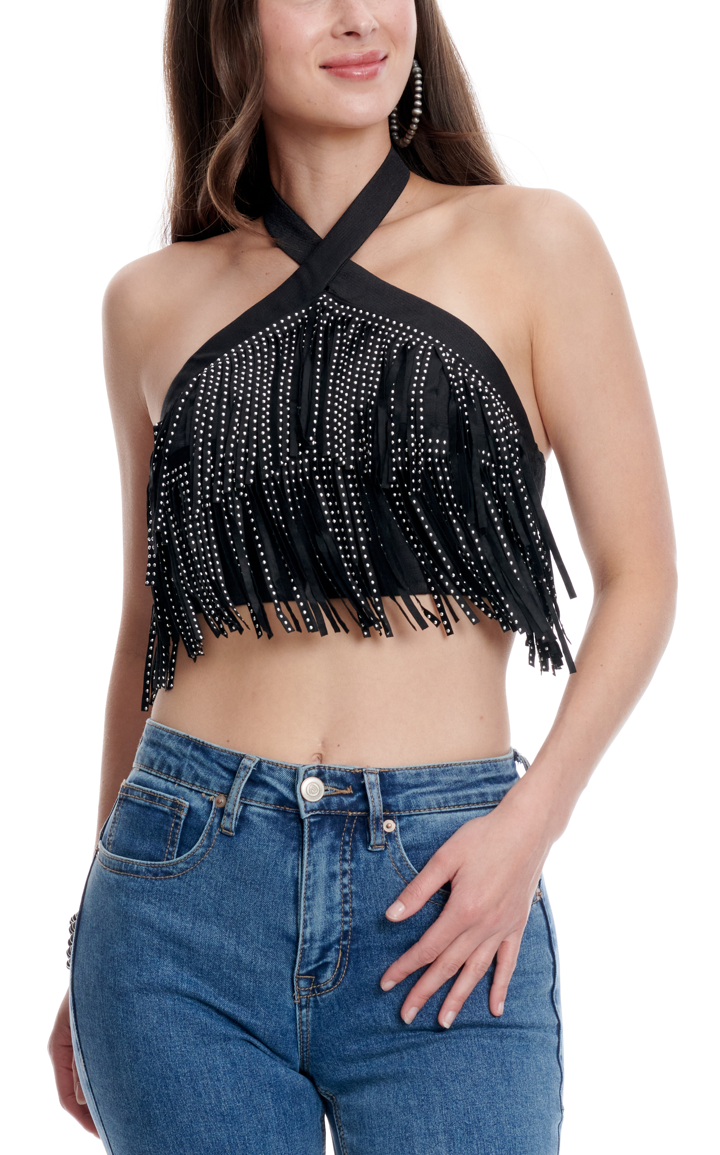 Mainstrip Women's Black Faux Suede Fringe Halter Top - Image 1