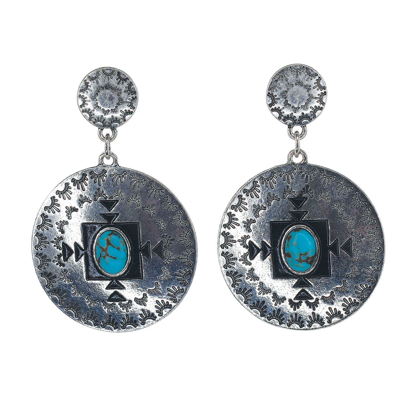 Justin Etched Silver & Turquoise Concho Earrings - Image 1