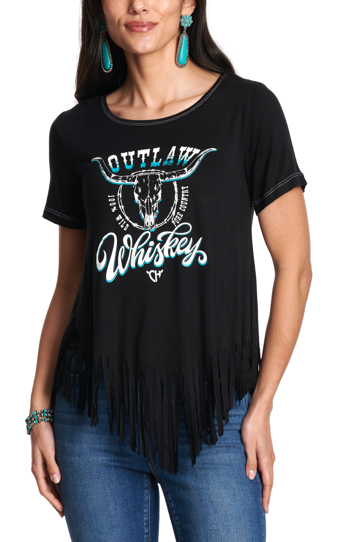 Cowgirl Hardware Women’s Black Outlaw Whiskey Fringe Bottom T-Shirt - Image 1
