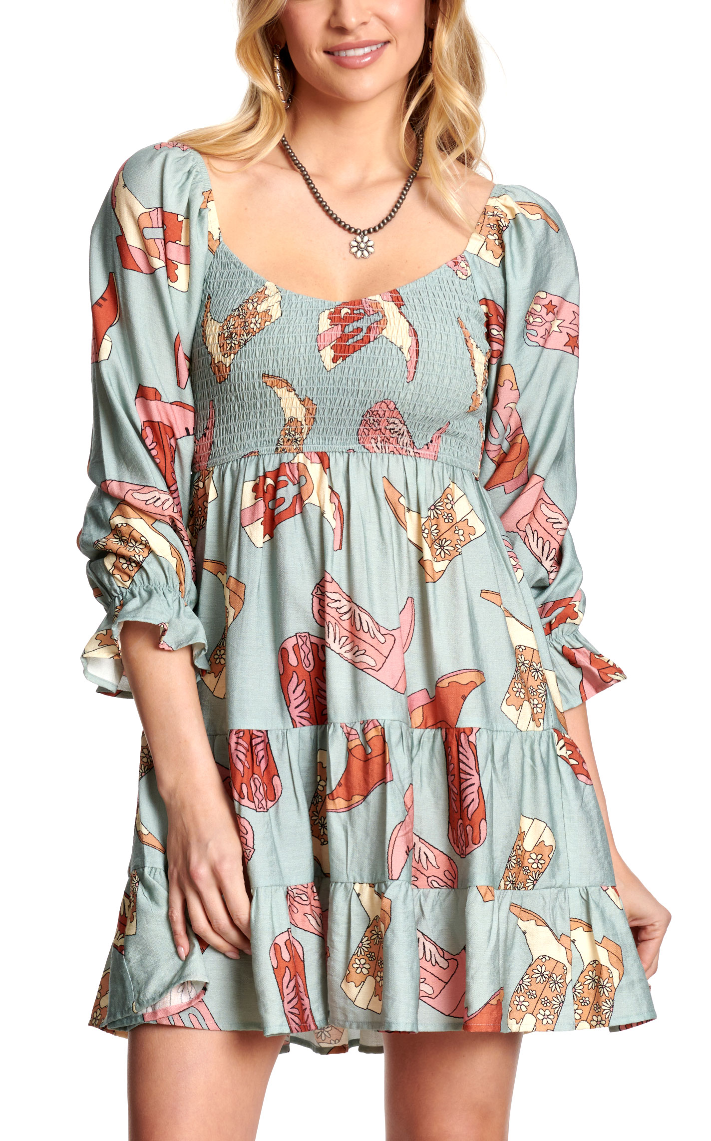 Rockin C Women's Aqua Marine Boot Print Smocked Dress - Image 1