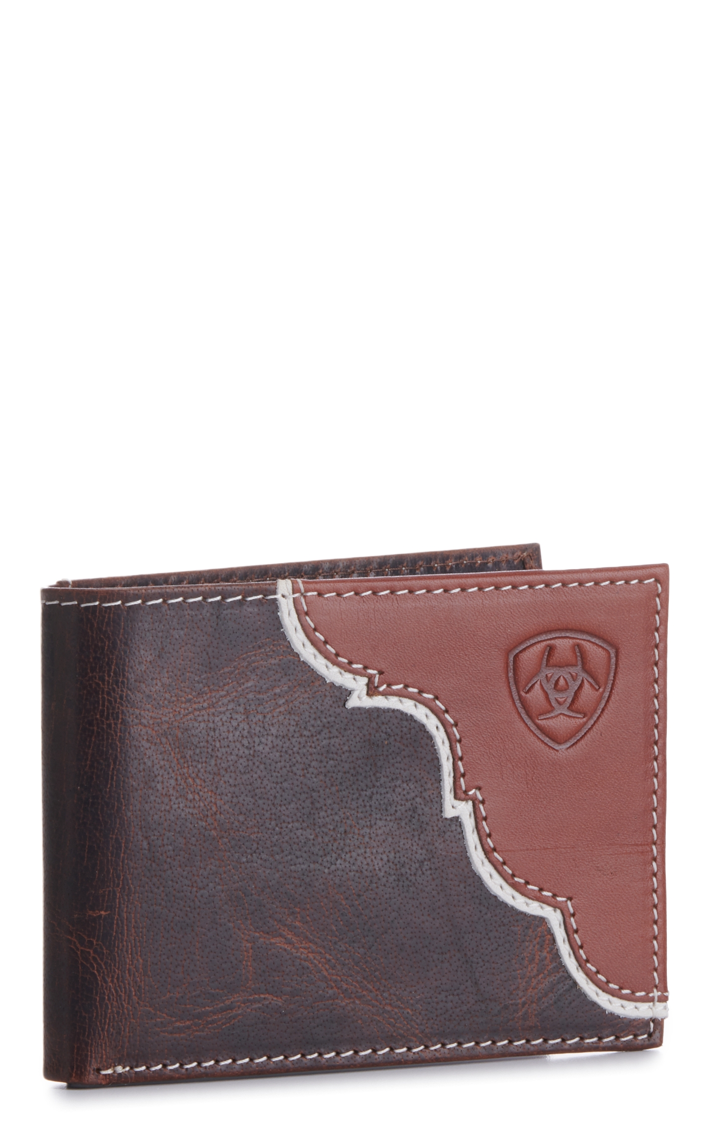 Ariat Men's Brown with Tan Overlay and Embossed Shield Logo Bifold Wallet - Image 1