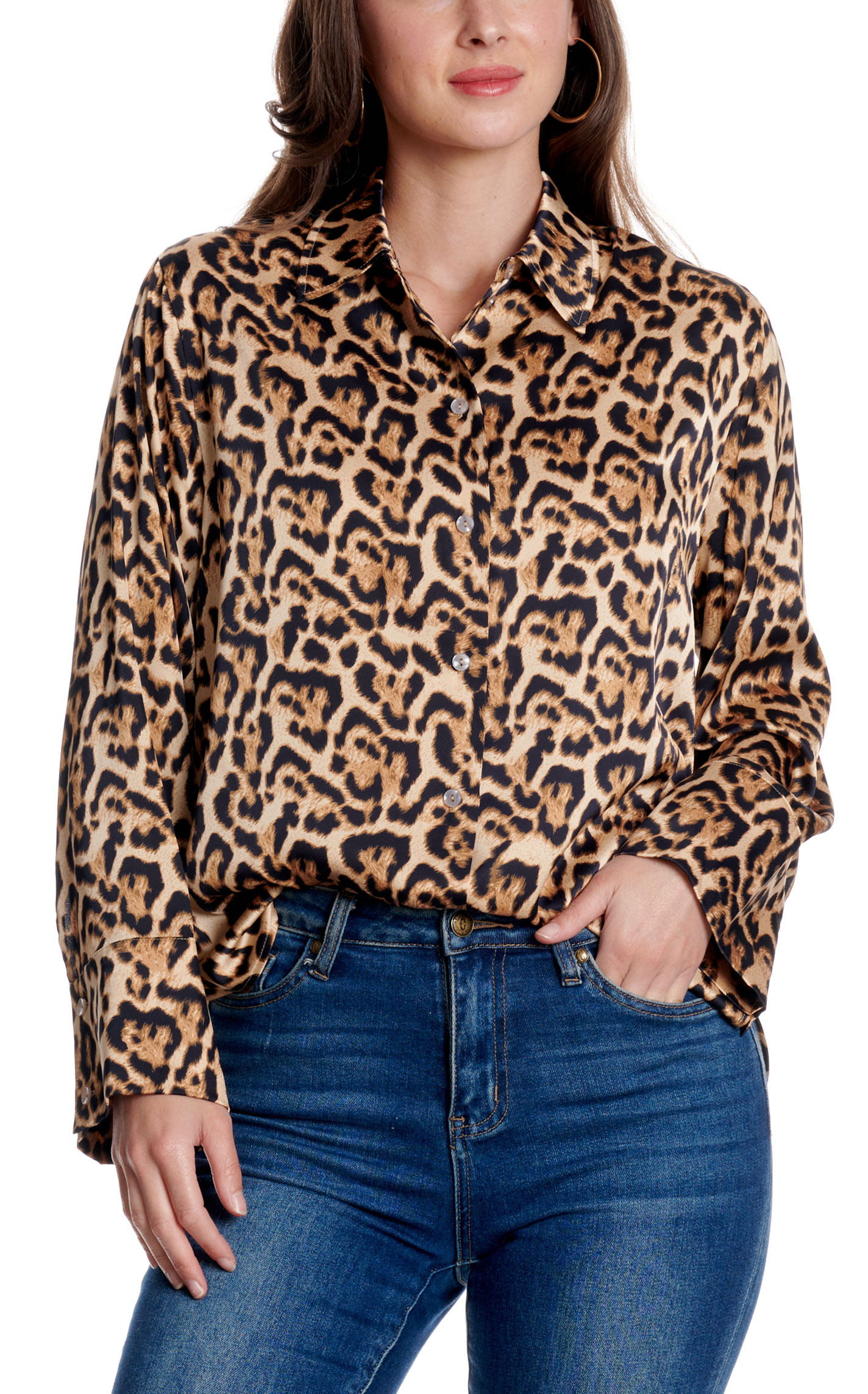 HYFVE Brown Leopard Long Sleeve Button-Up Top - Image 1