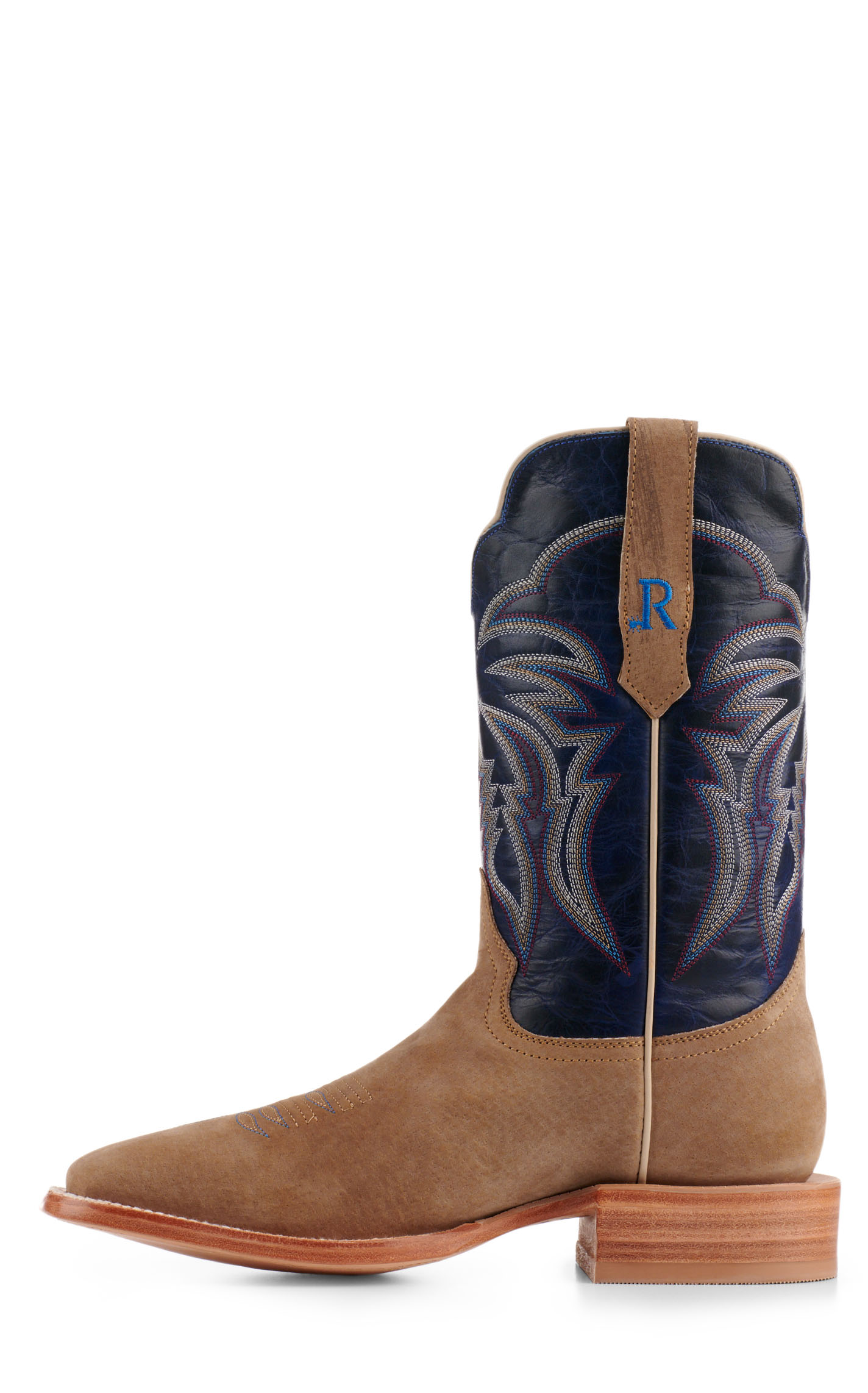 R. Watson Men's Cafe Brown Boar Hide and Azule Blue Wide Square Toe Cowboy Boots - Image 1