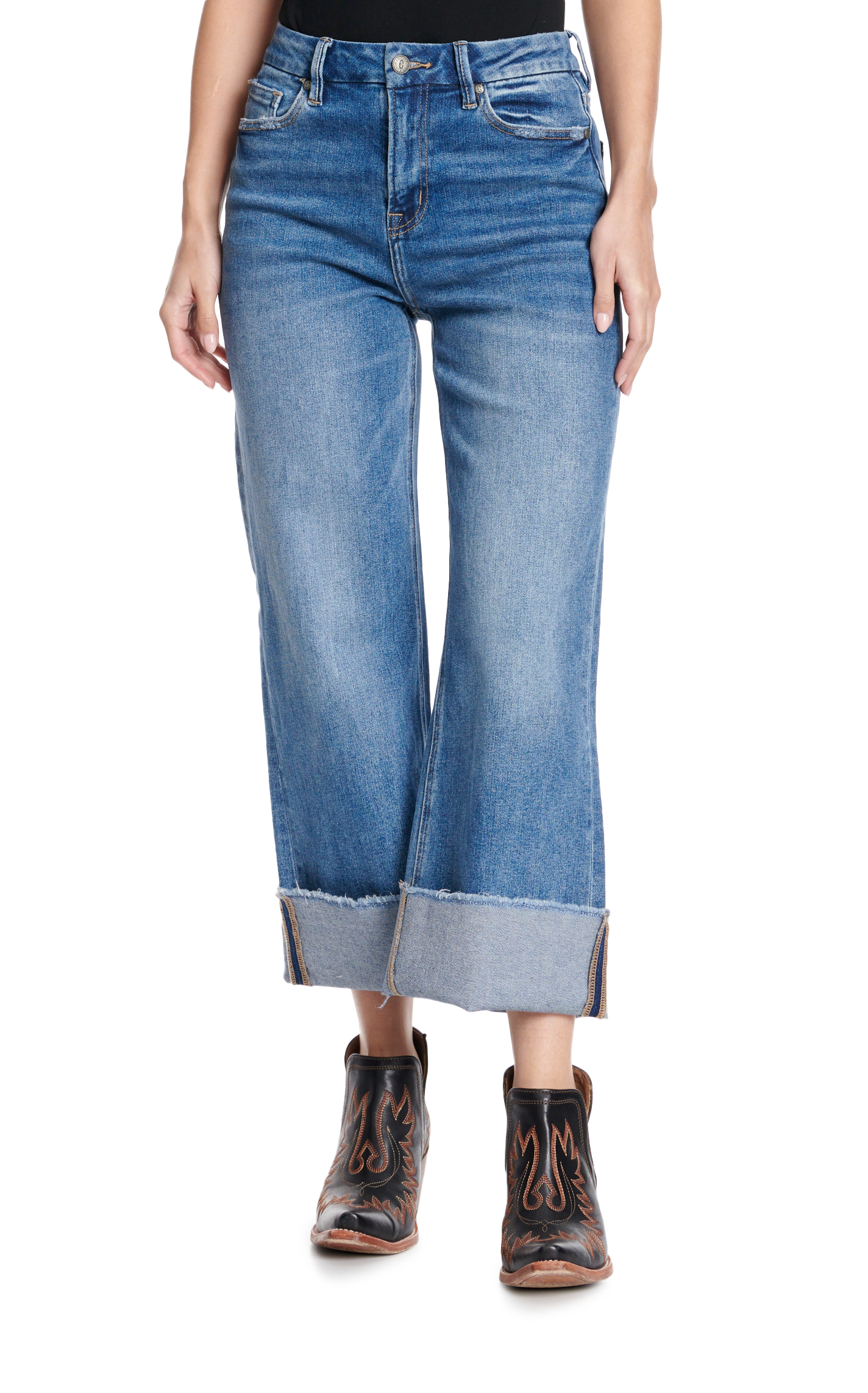 Rockin C Women's Medium Wash High Rise Wide Leg Cropped Jeans - Image 1