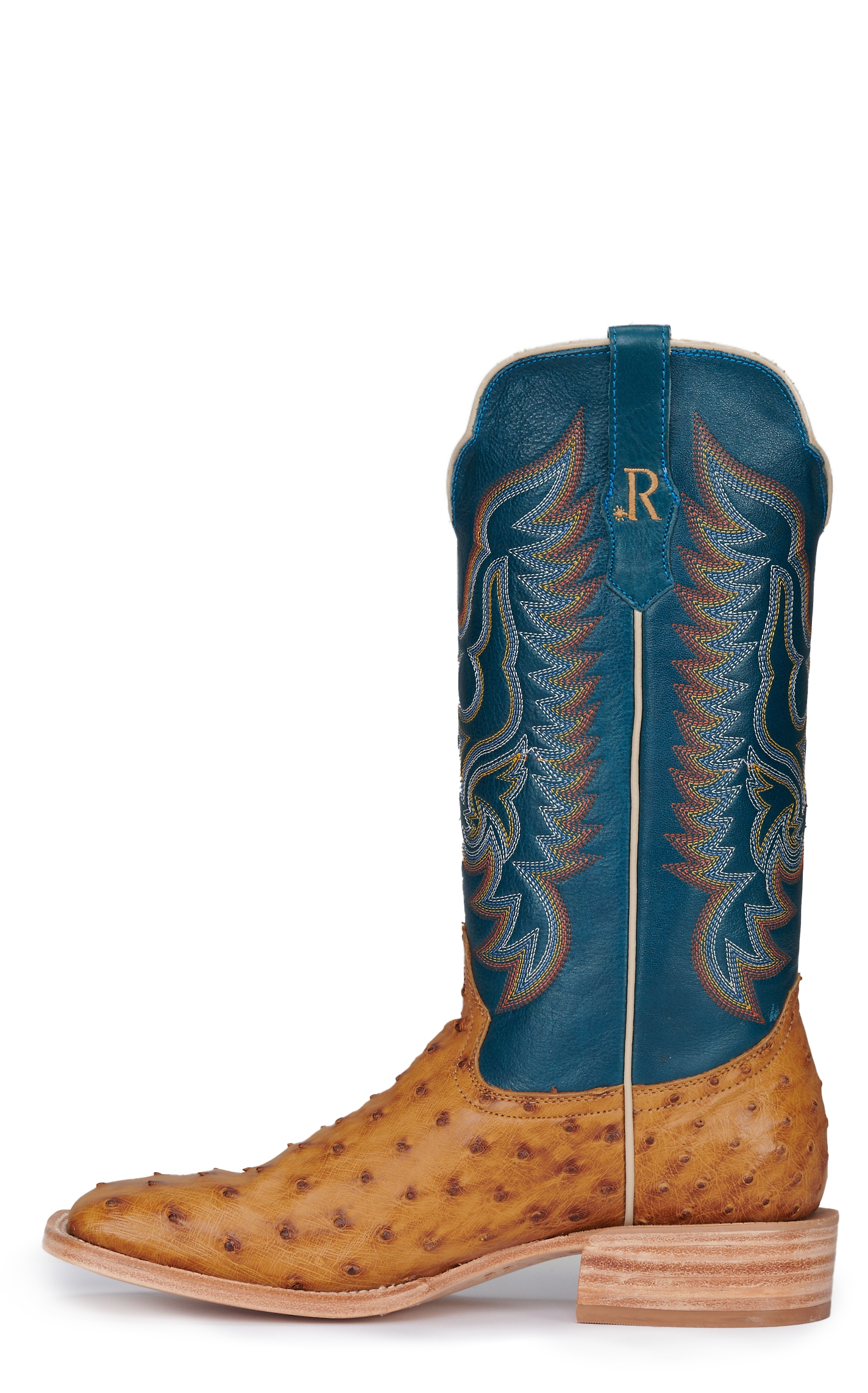 R Watson Men's Antique Saddle Full Quill Ostrich and Royal Blue Wide Square Toe Exotic Cowboy Boots - Image 1
