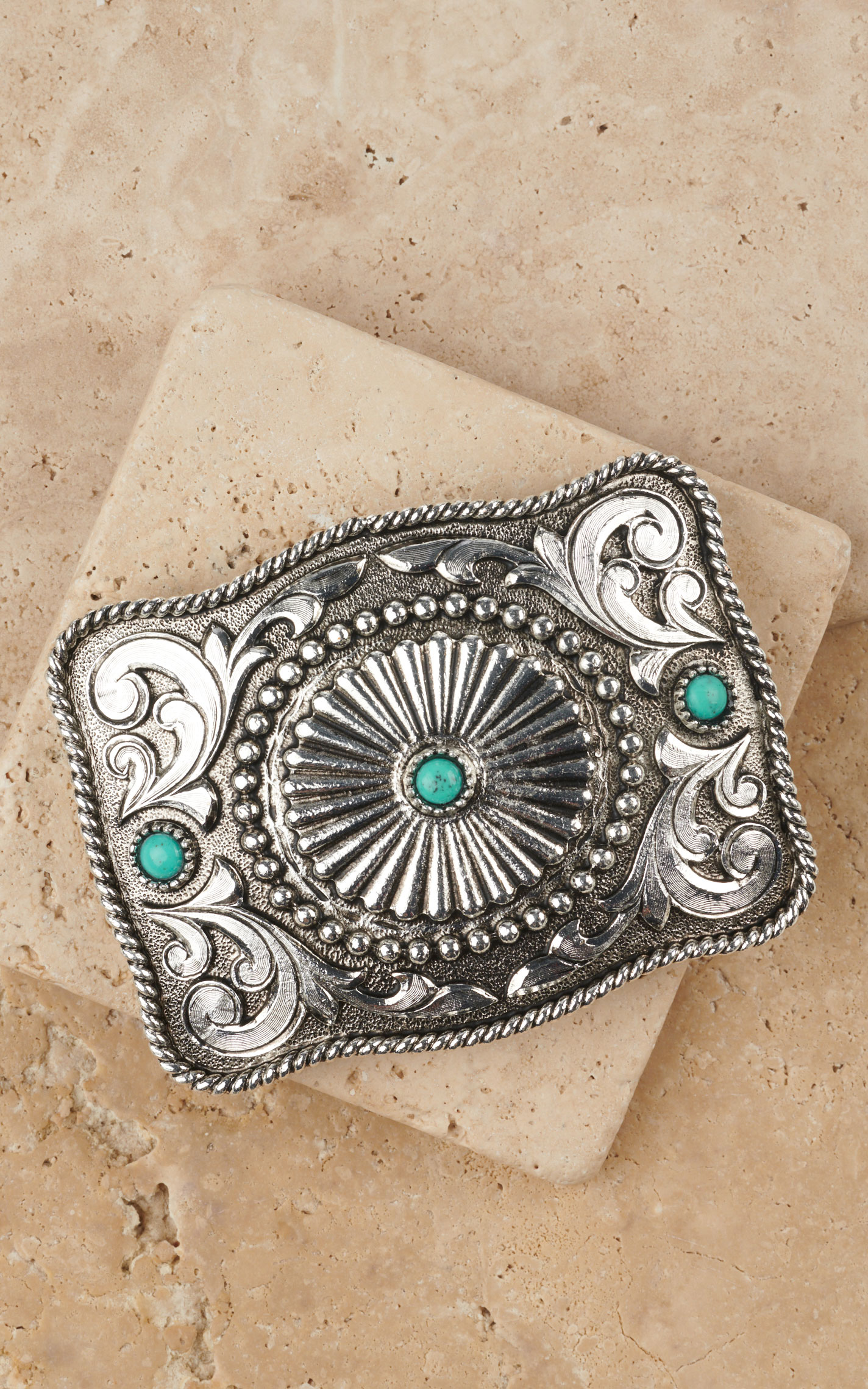 AndWest Silver with Turquoise Concho Accents Etched with Rope Edge Belt Buckle - Image 1