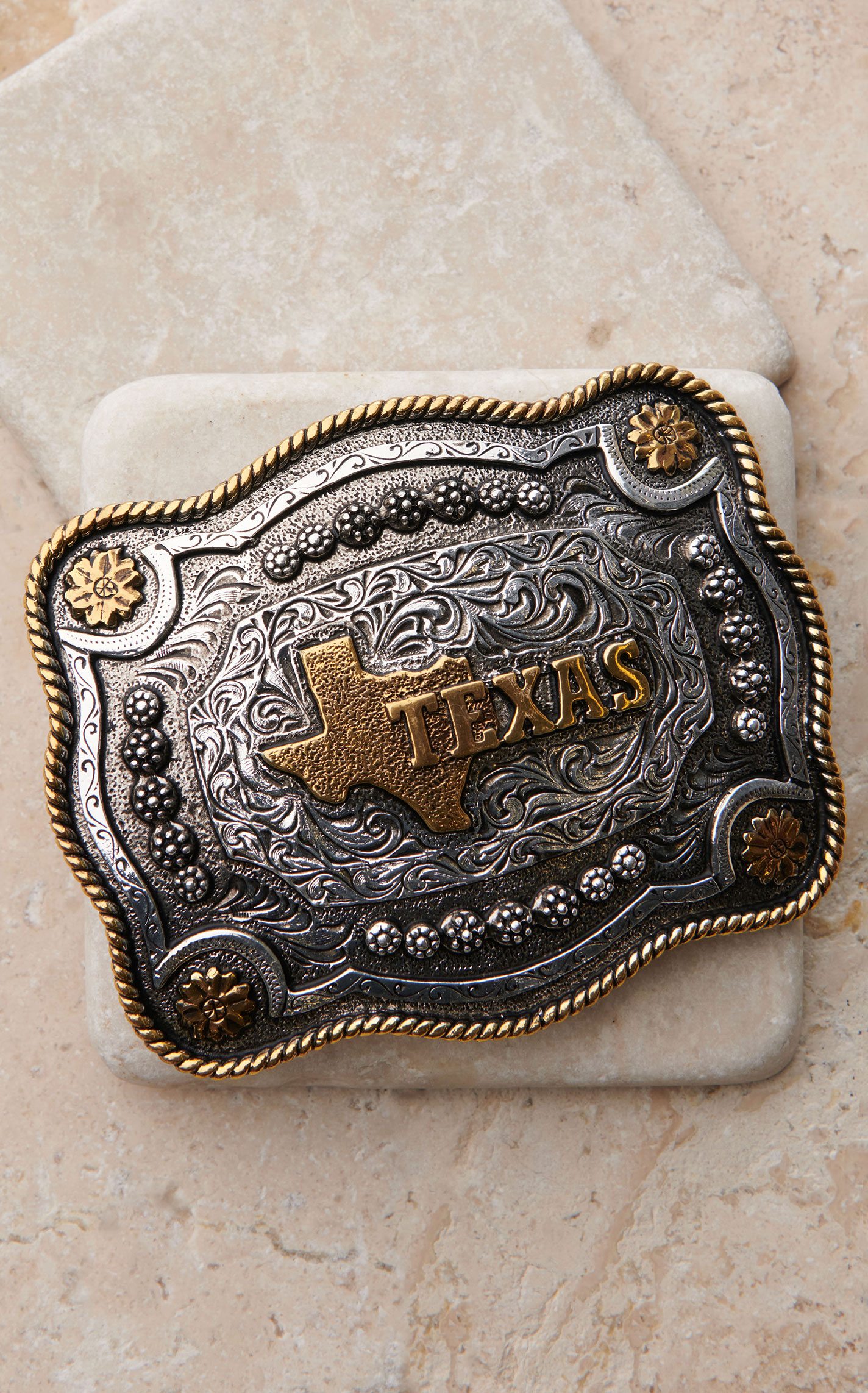 AndWest Antiqued Silver Etched with Gold Texas and Scalloped Gold Roped Edges Belt Buckle - Image 1