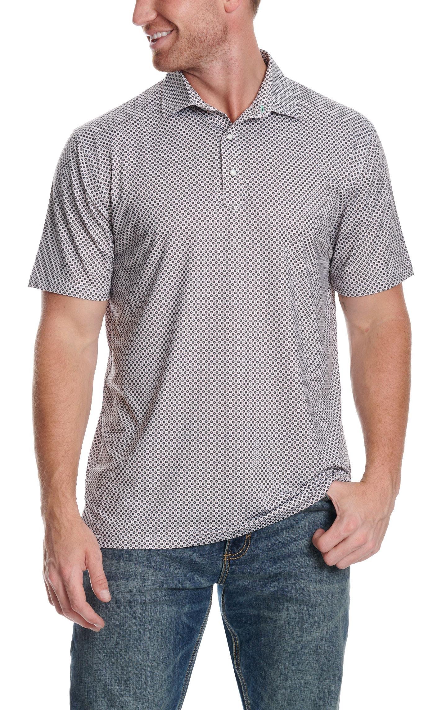 Rafter C Men's Black Geo Print Polo Shirt - Image 1
