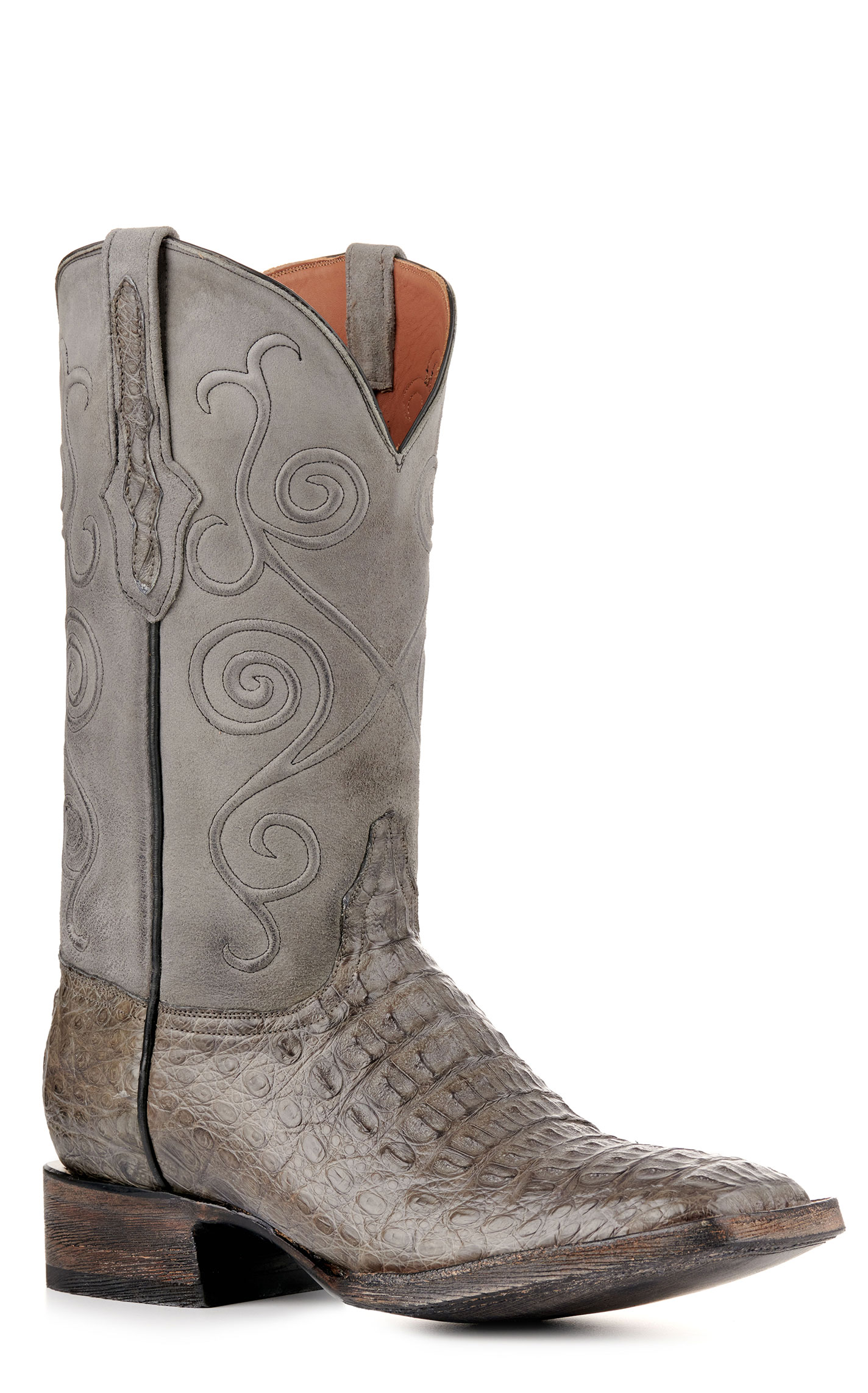 Black Jack Men's Burnished and Dark Gray Caiman Hornback Wide Square Toe Exotic Cowboy Boots - Image 1