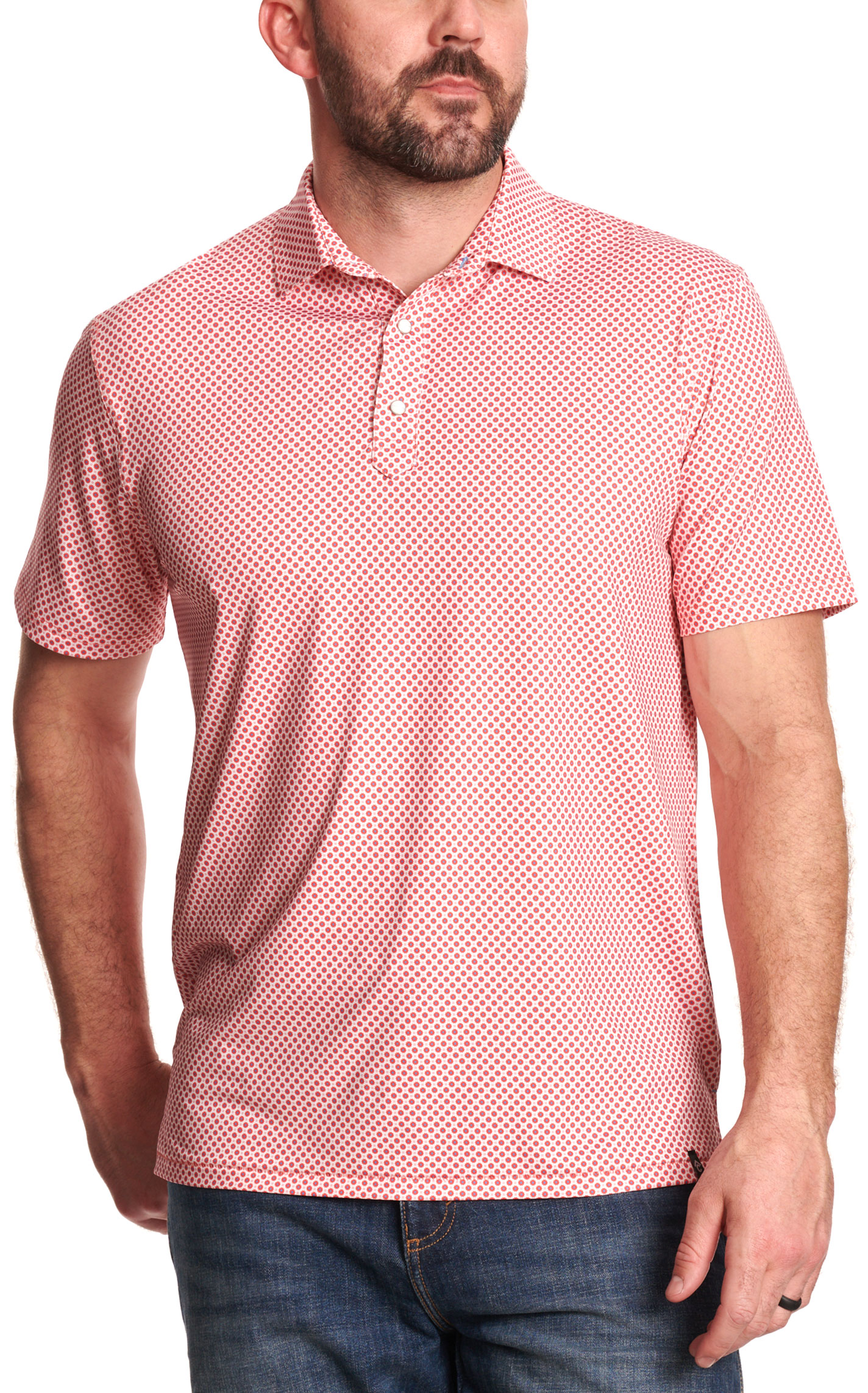 Rafter C Men’s Red Small Geo Print Polo Shirt - Image 1