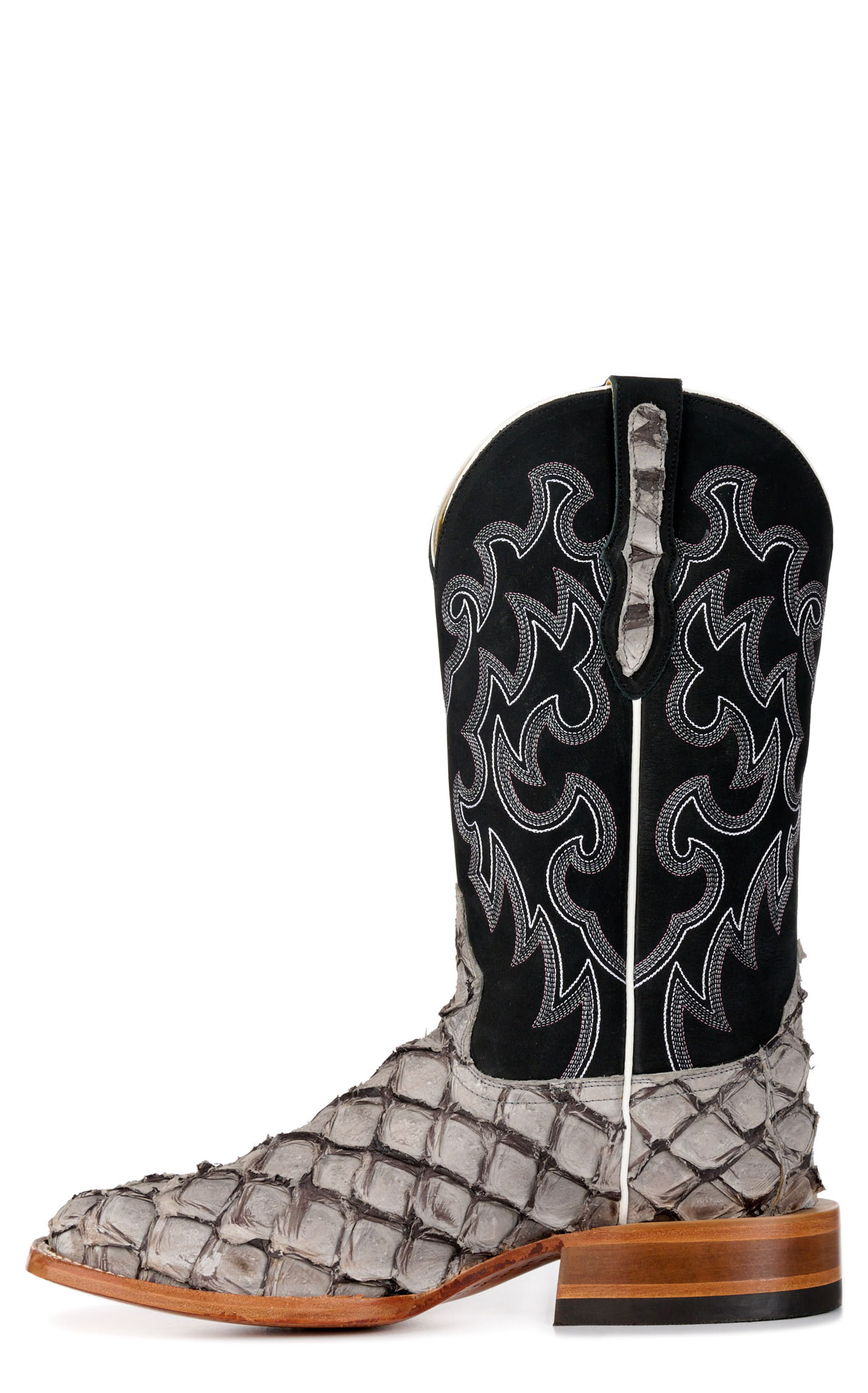 Cavender’s Men’s Charcoal Gray Pirarucu and Black Wide Square Toe Exotic Cowboy Boots - Image 1