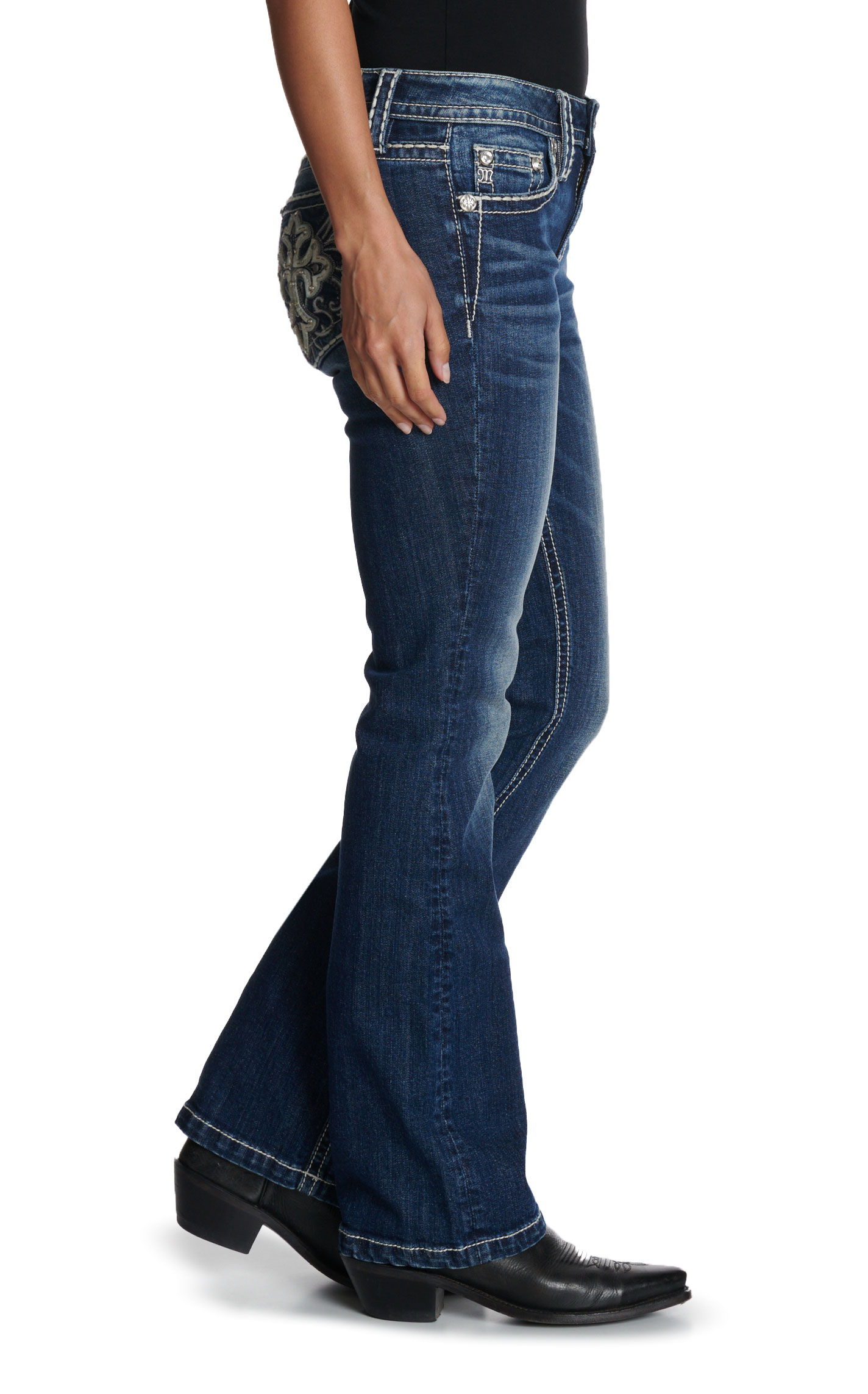 Miss Me Women's Medium Wash Pleather Cross Deco Pocket 32\
