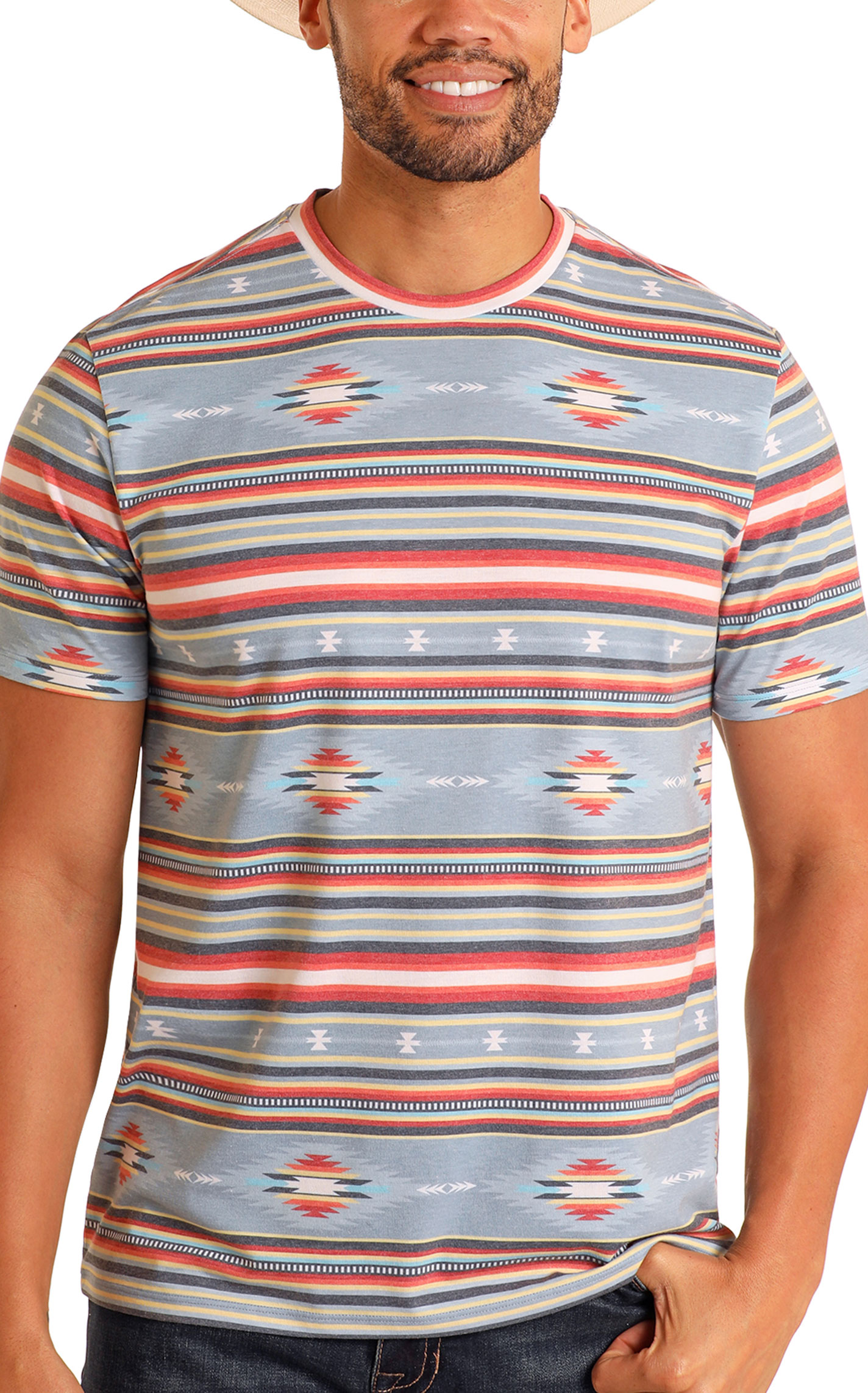 Rock & Roll Denim Men's Colorful Aztec Striped T-Shirt - Image 1