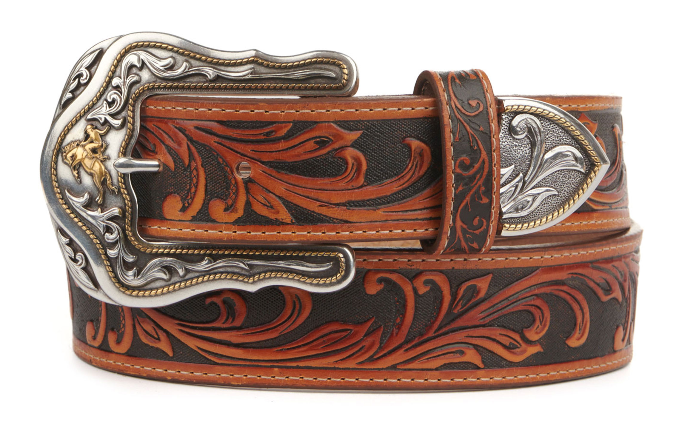 Tony Lama Men's Brown Tooled Floral Pattern Leather with Silver Buckle Western Belt - Image 1