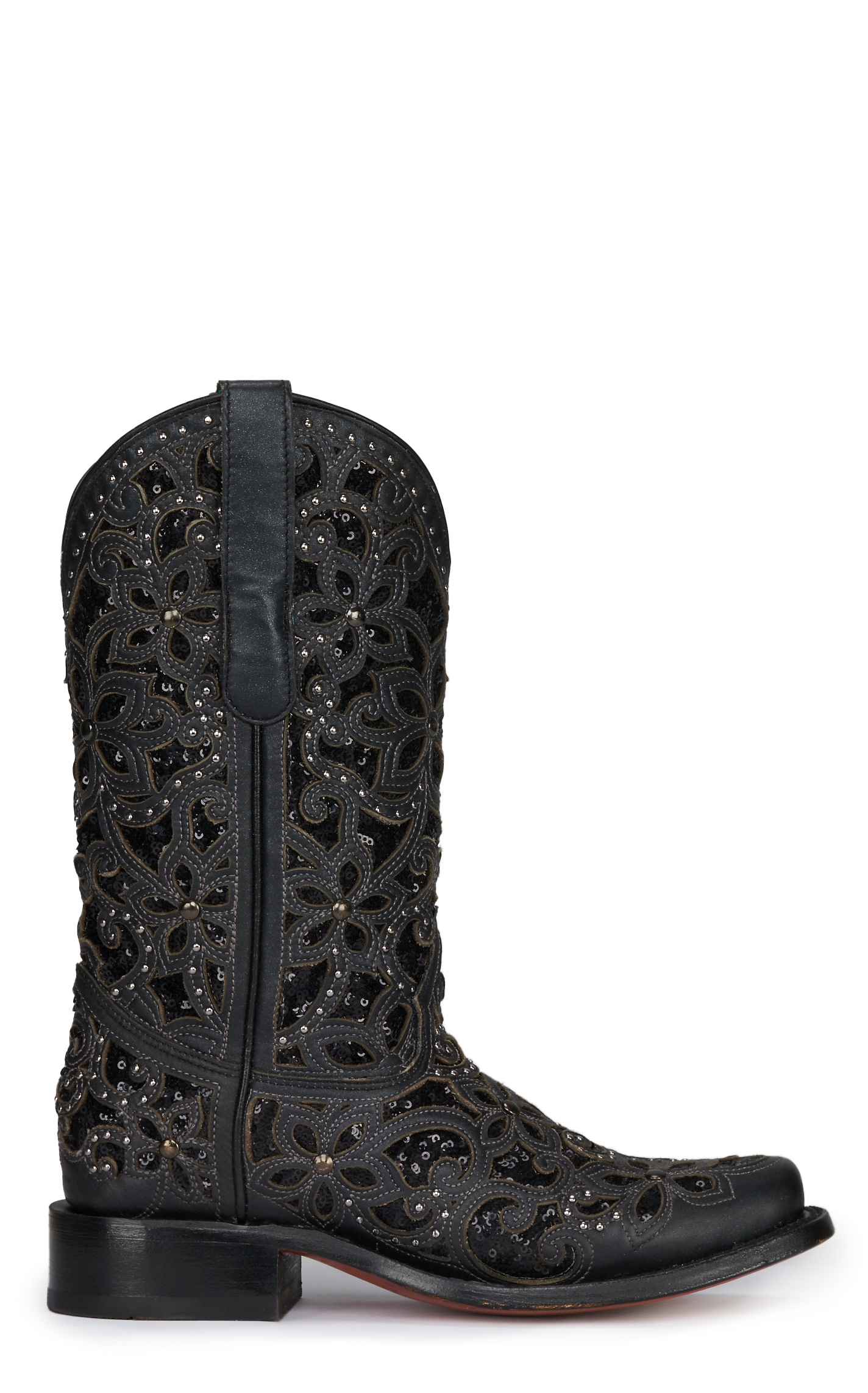 Corral Women's Black with Black Glitter Inlay and Studs Square Toe Cowboy Boot - Image 1