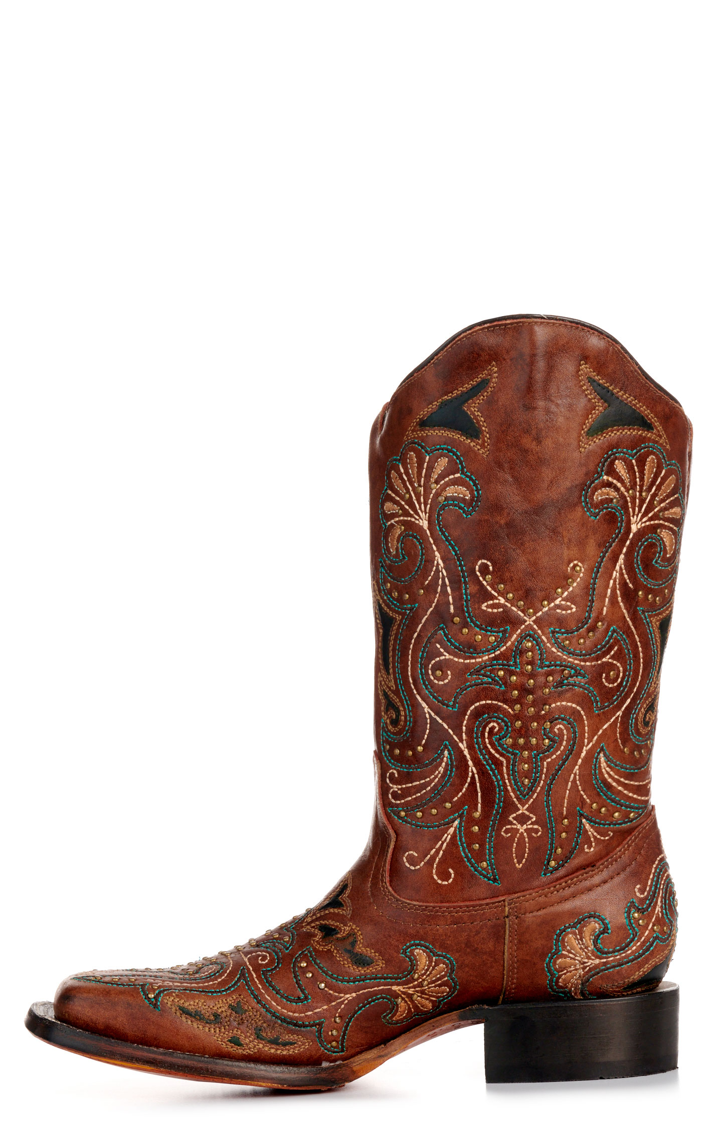 Corral Women's Dark Tan with Embroidery and Studs Square Toe Cowboy Boots - Image 1