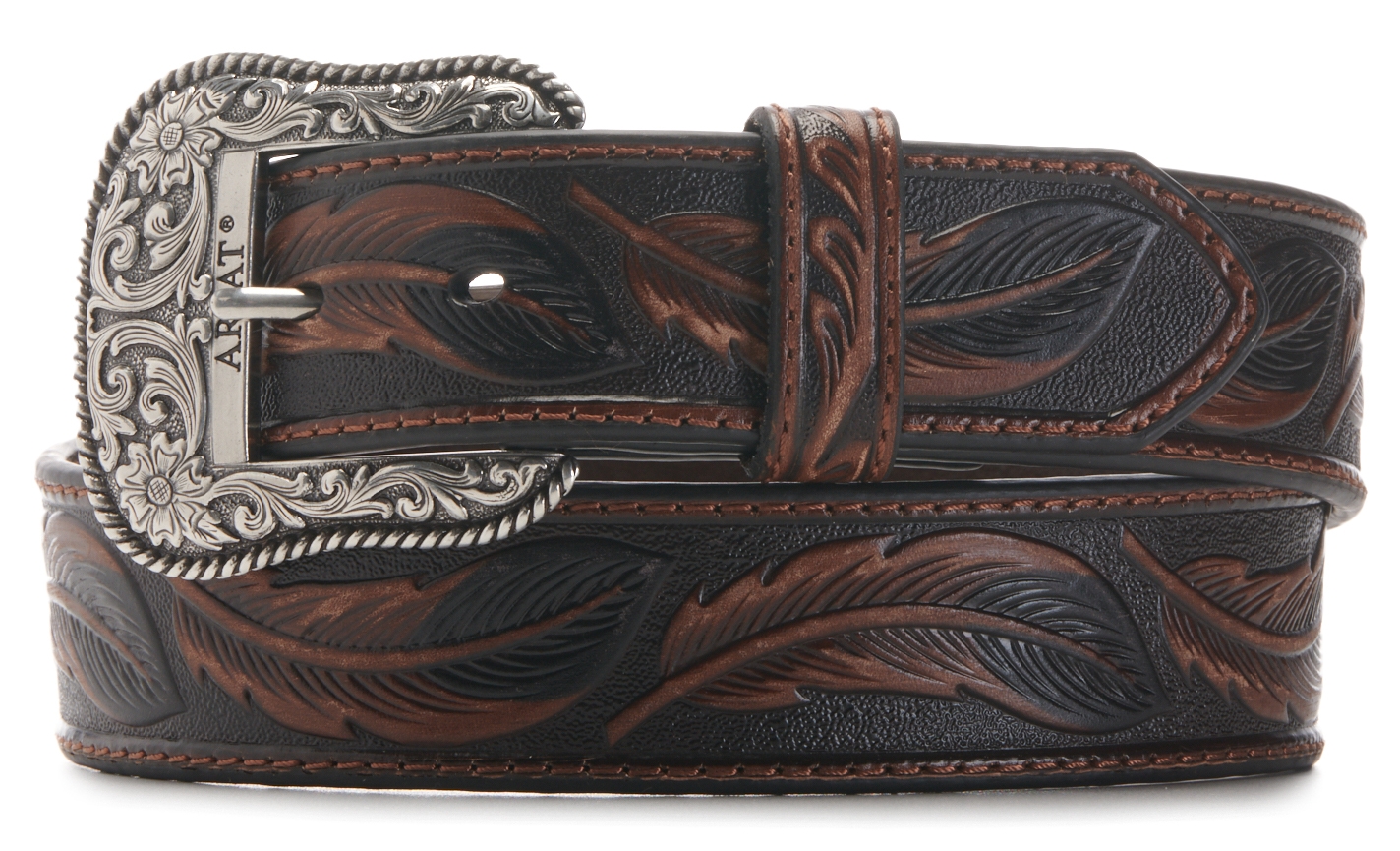 Ariat Men's Leather Feather With Tooled Sliver Buckle Western Belt - Image 1