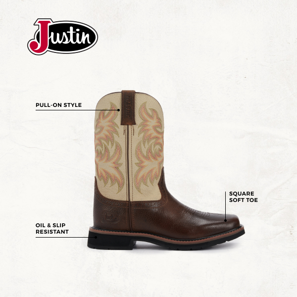 Justin Men's Stampede Driller Copper Brown and Ivory Square Toe Work Boot - Image 1
