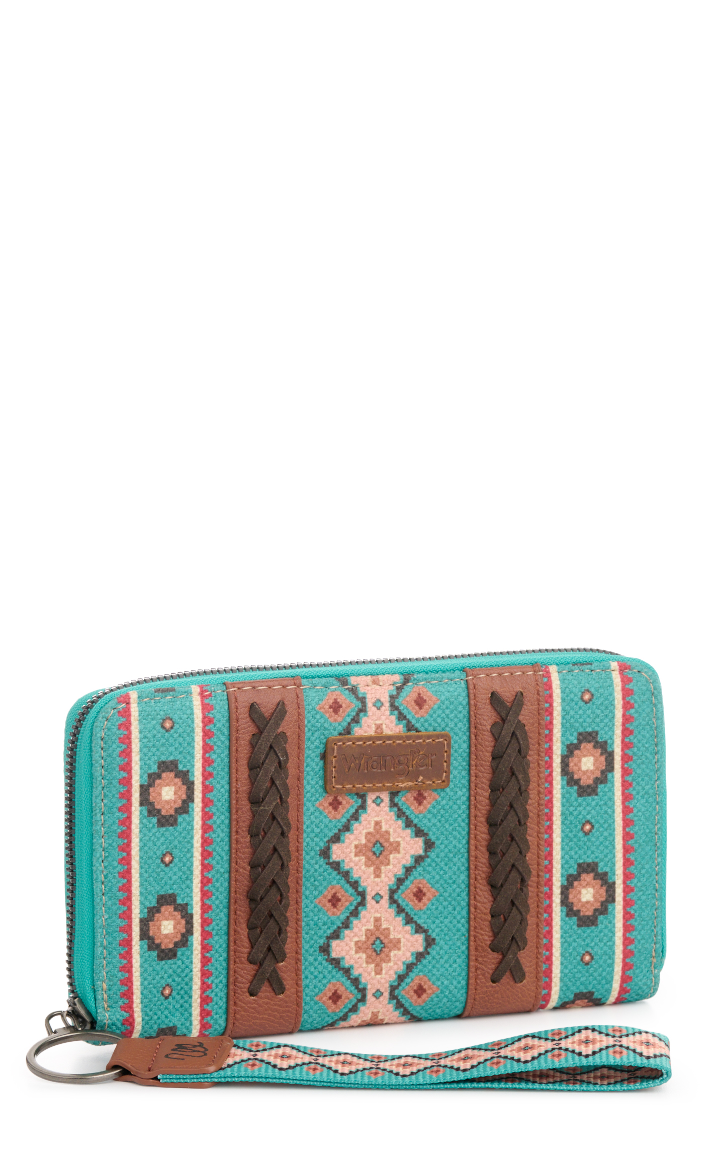 Wrangler Turquoise-Green Aztec Print Canvas & Leather Wristlet Wallet - Image 1