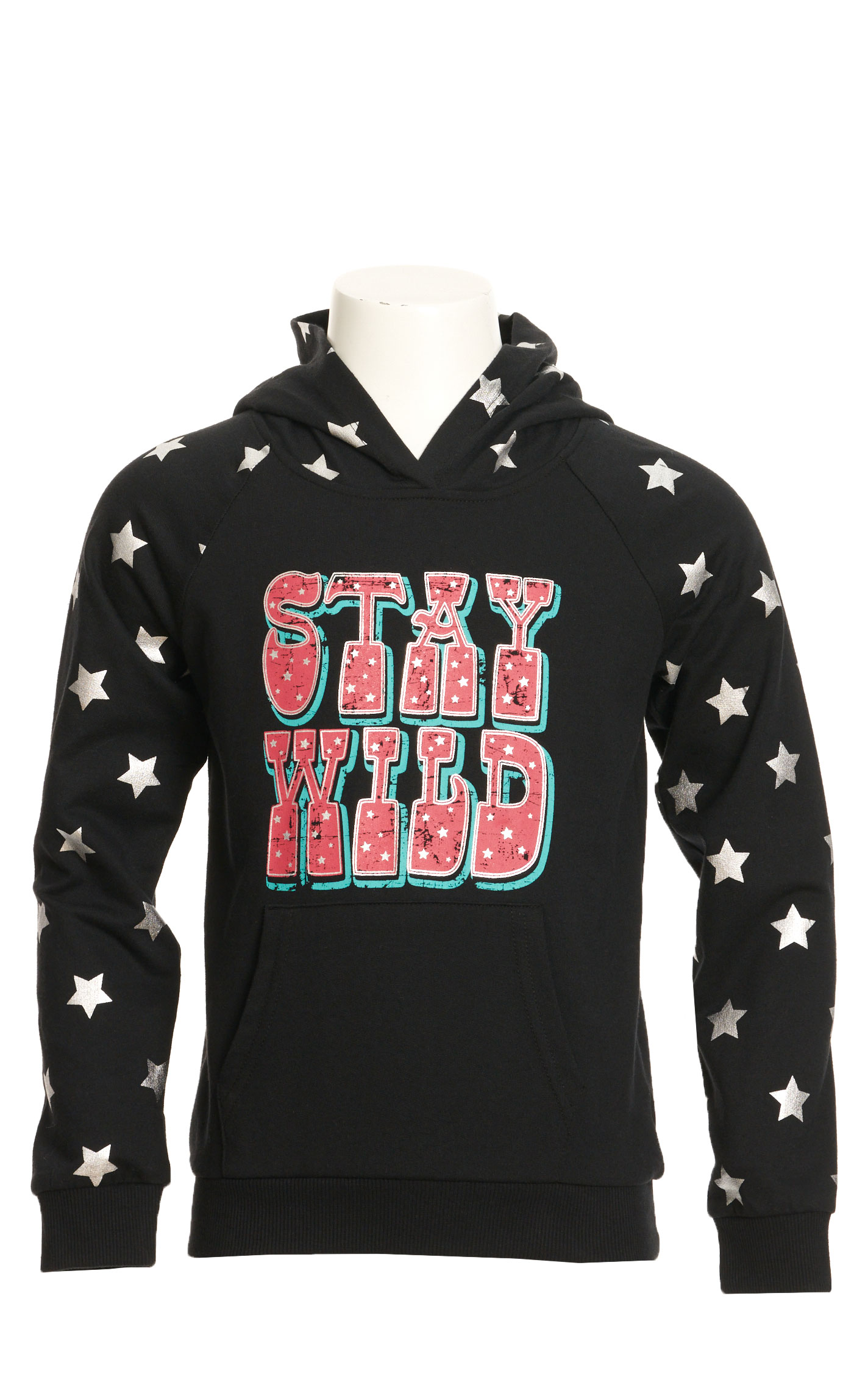 Rock & Roll Denim Black Metallic Stars Stay Wild Graphic Hoodie - Image 1