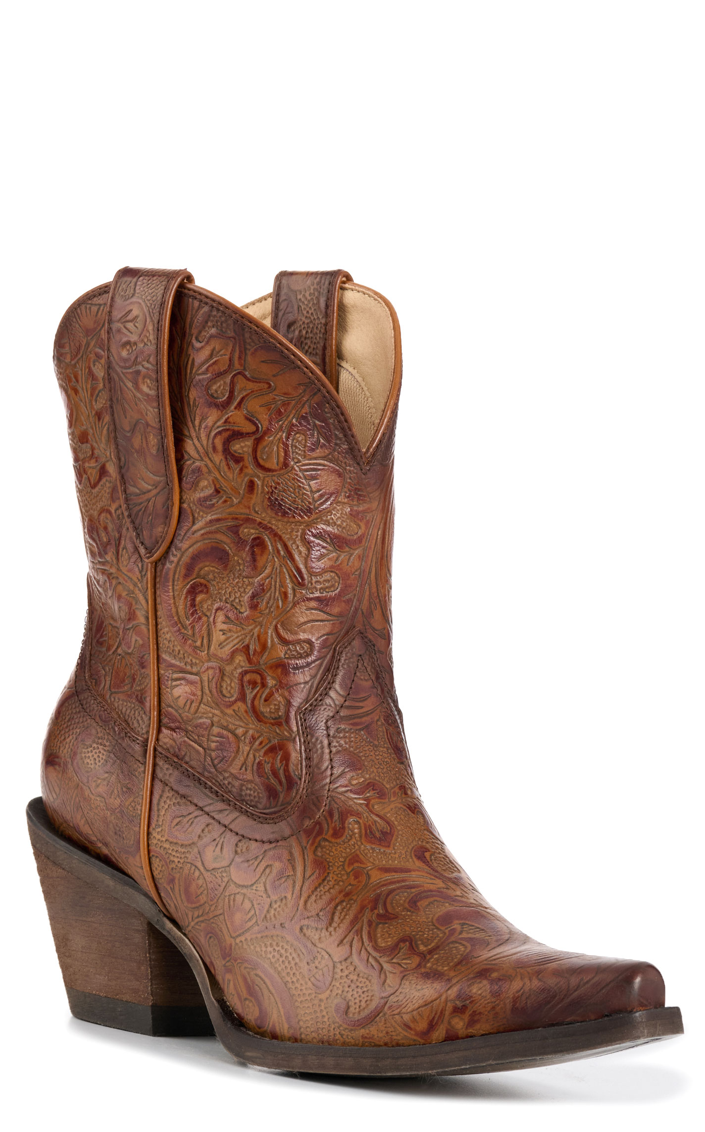 Rockin C Women’s Nut Brown Tooled Snip Toe Ankle Booties - Image 1