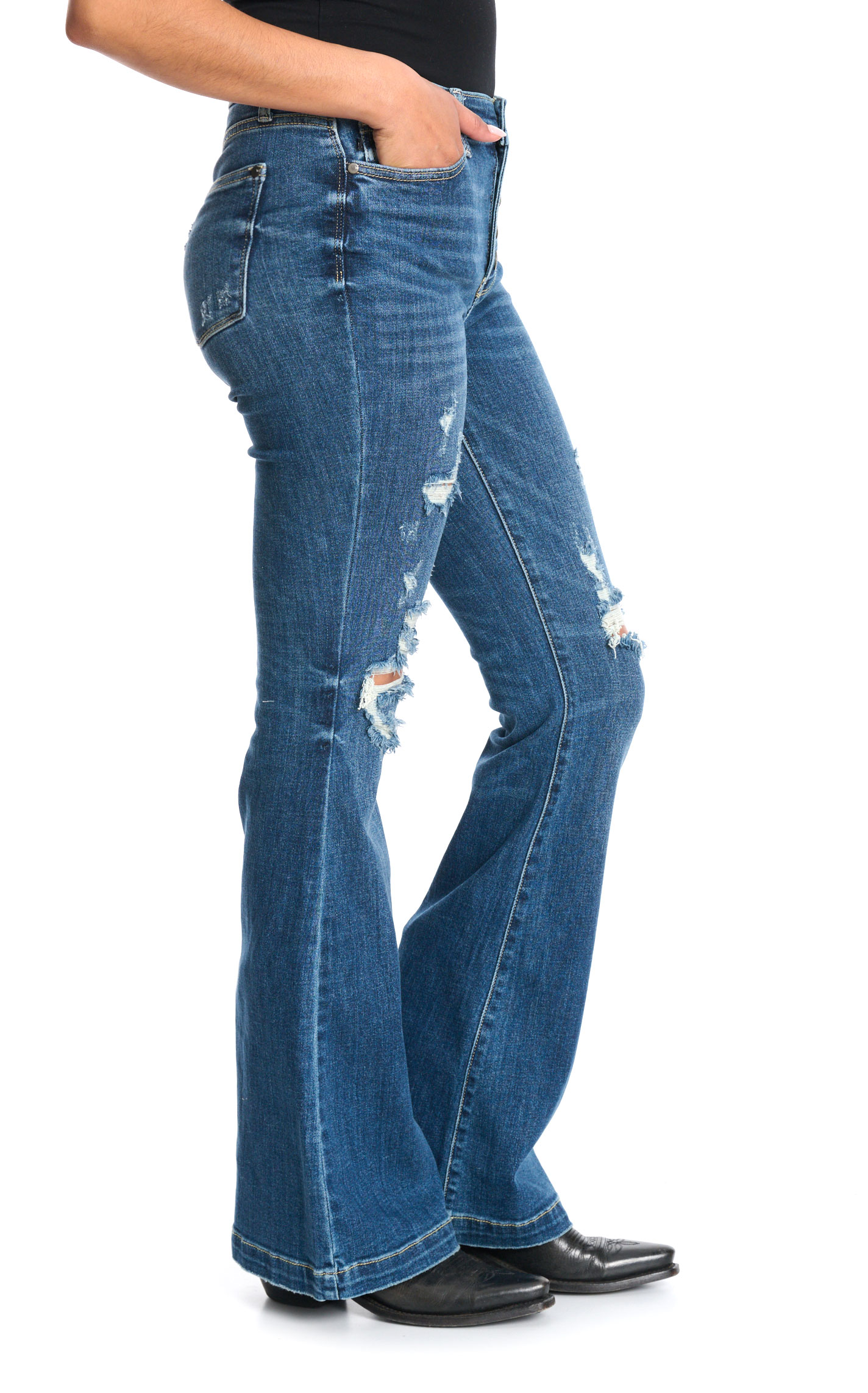 Judy Blue Women's Dark Button Distressed Flare Jeans - Plus Sizes - Image 1