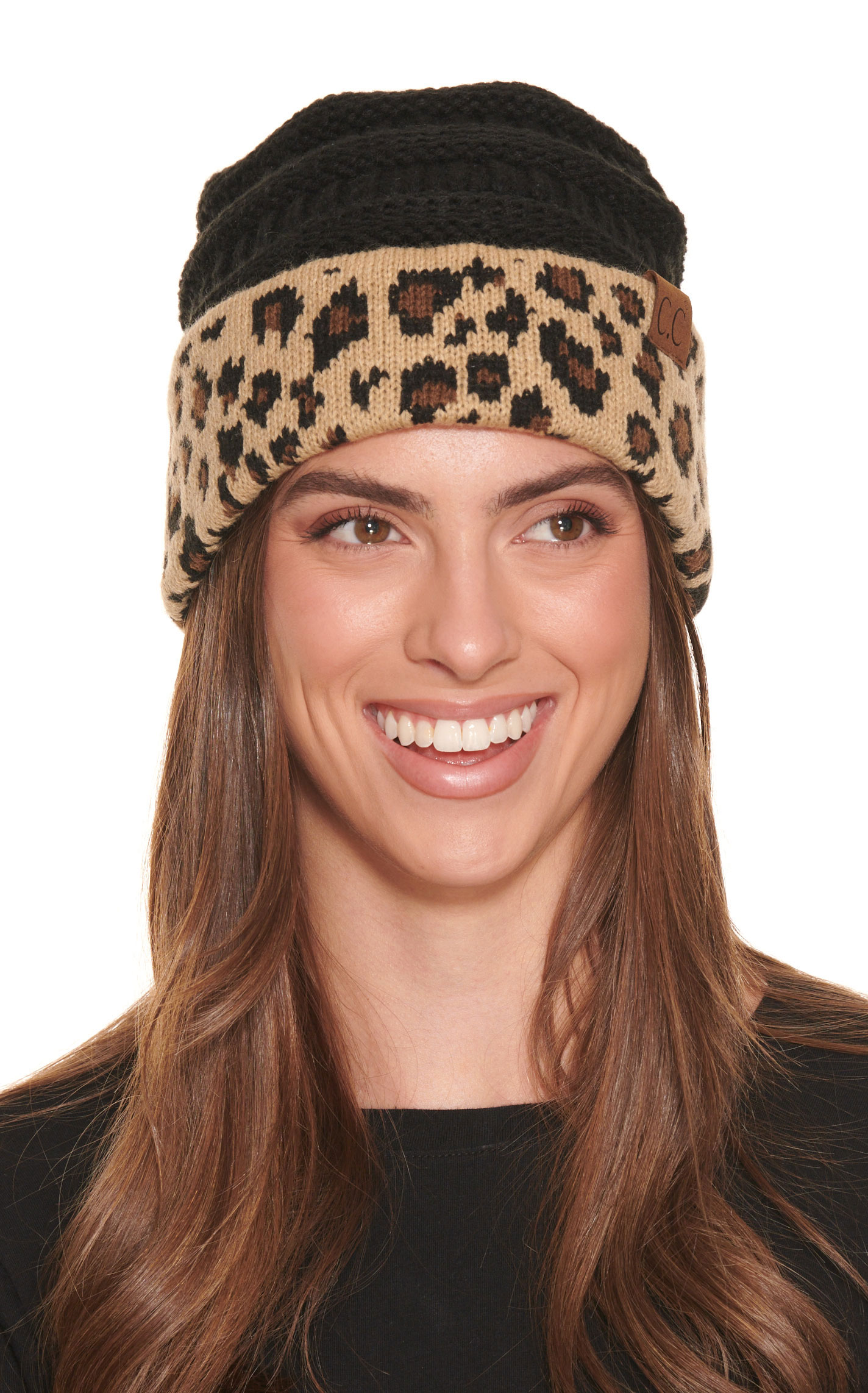 C.C. Brands Women's Black and Leopard Print Knit Beanie - Image 1