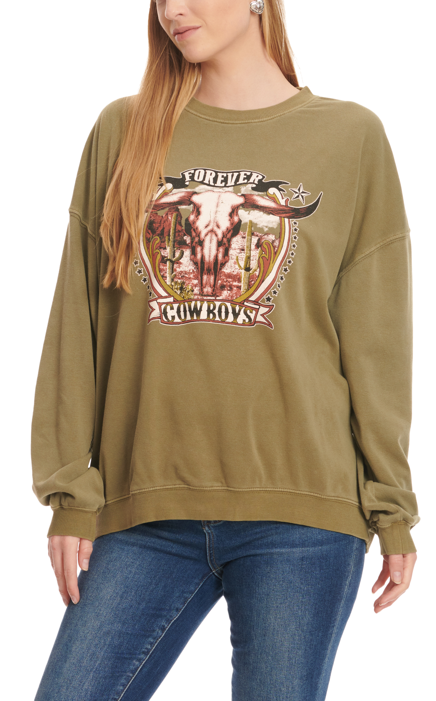 Double Zero Women's Olive Long Live Cowboys Graphic Long Sleeve Pullover - Image 1