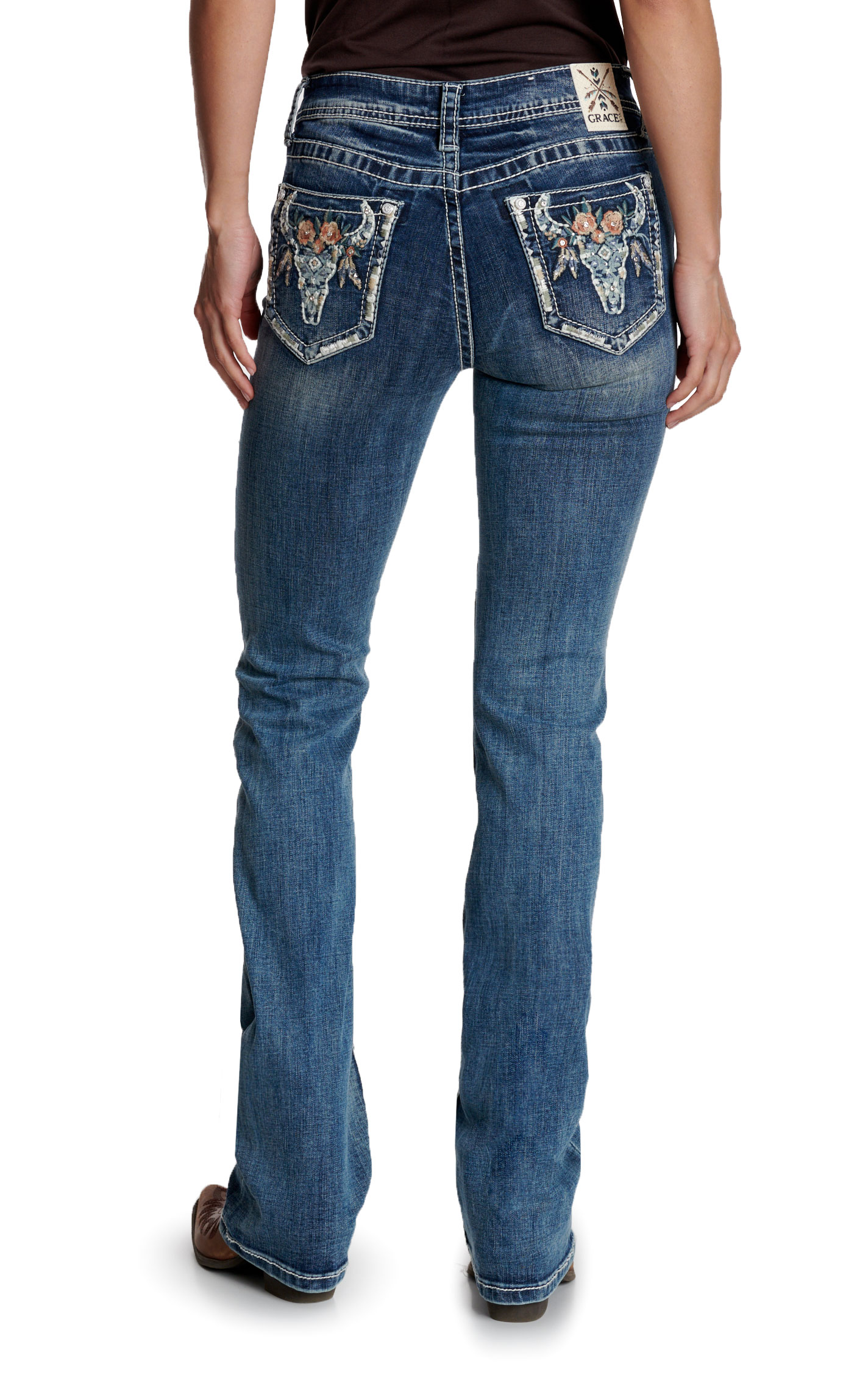 Grace In LA Women's Medium Wash Aztec Floral Skull Jeans - Image 1
